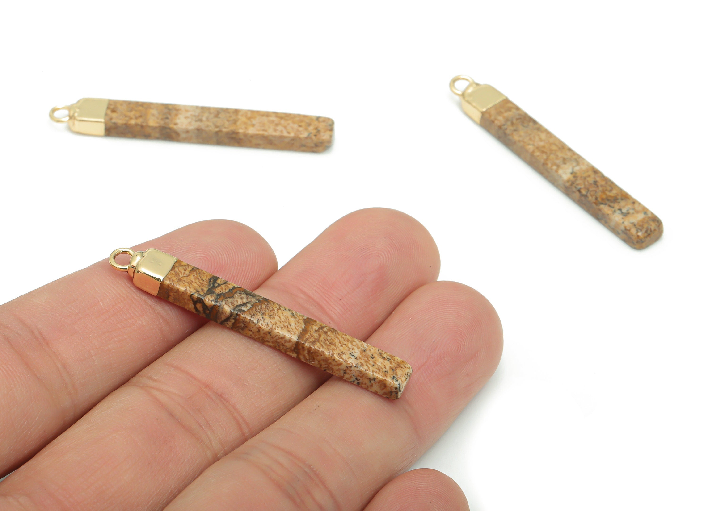 Picture Jasper Stick Earring Charms - Brass Rectangle Bar Pendant - Natural Stone - Gold Tone Plated Brass – 44.96x5.42x3.19mm – NS1603A - DOMEDBAZAAR