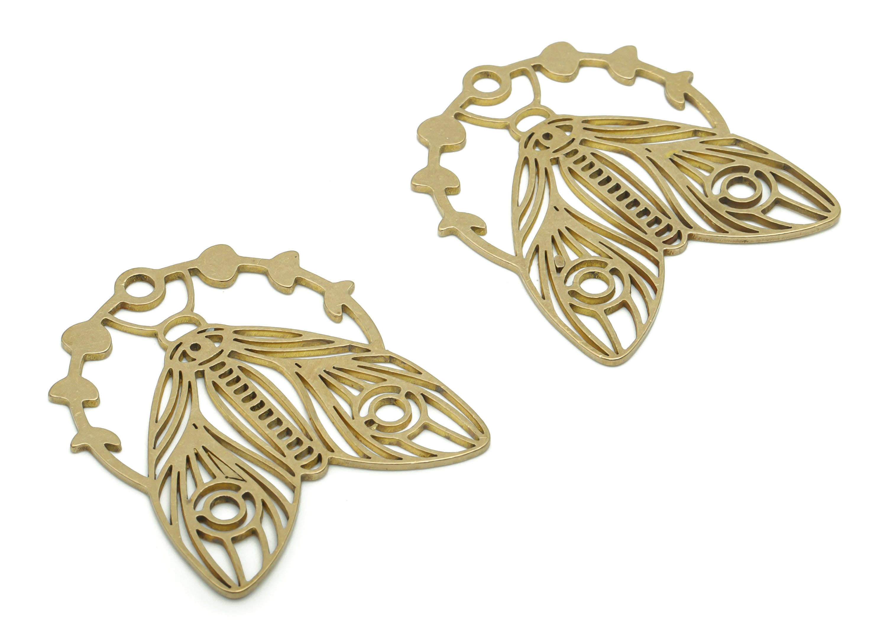 Brass Moth Earring Charms - Raw Brass Moth Phase of Moon Pendant - Jewelry Making Supplies - 34.72x30.33x0.86mm - PPZ0083 - DOMEDBAZAAR