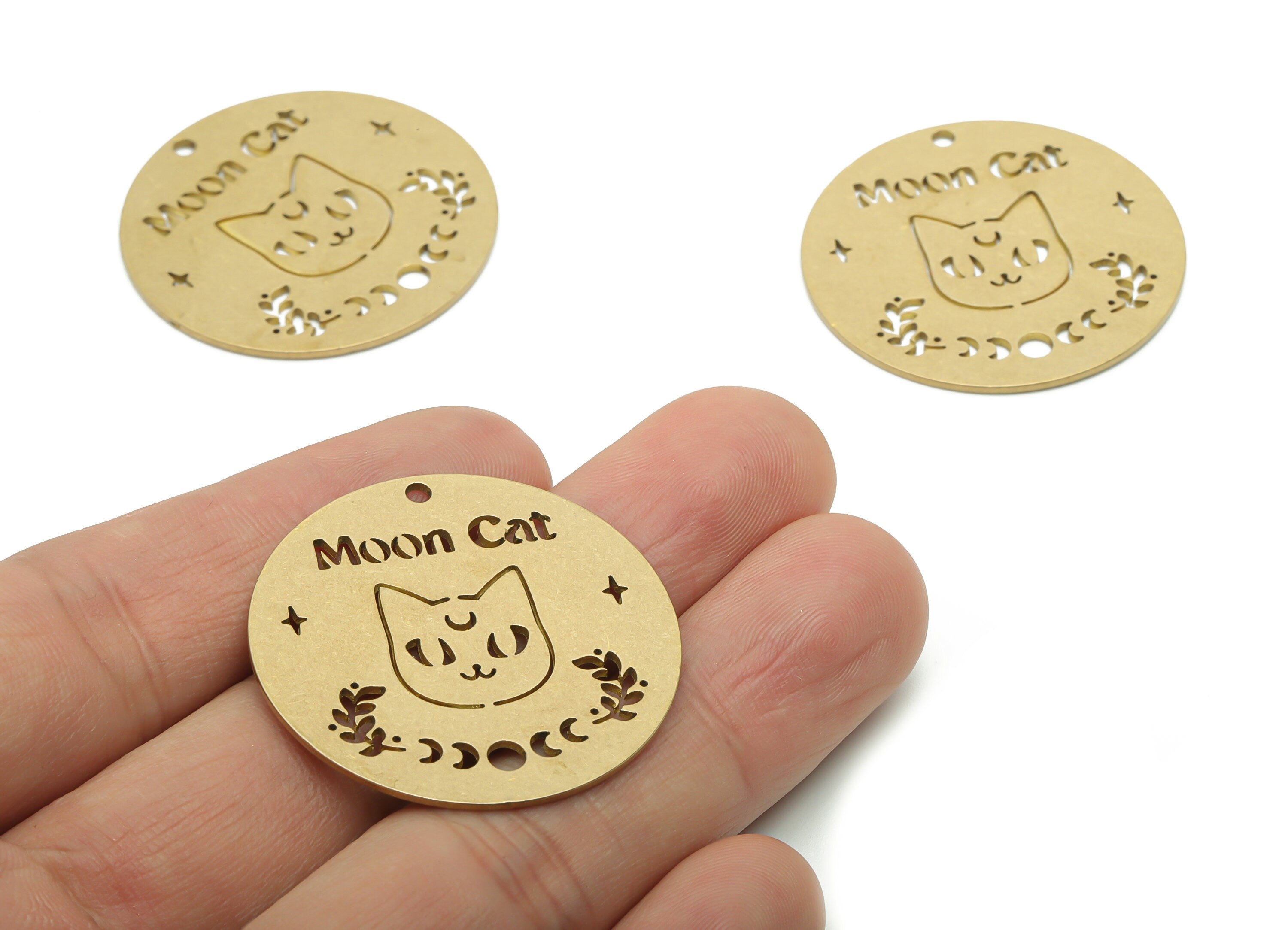 Brass Round Moon Cat Words Phrase Earring Charms - Raw Brass Phase Of Moon Pendant - Jewelry Making Supplies - 34.82x34.8x0.9mm - PPZ0107 - DOMEDBAZAAR