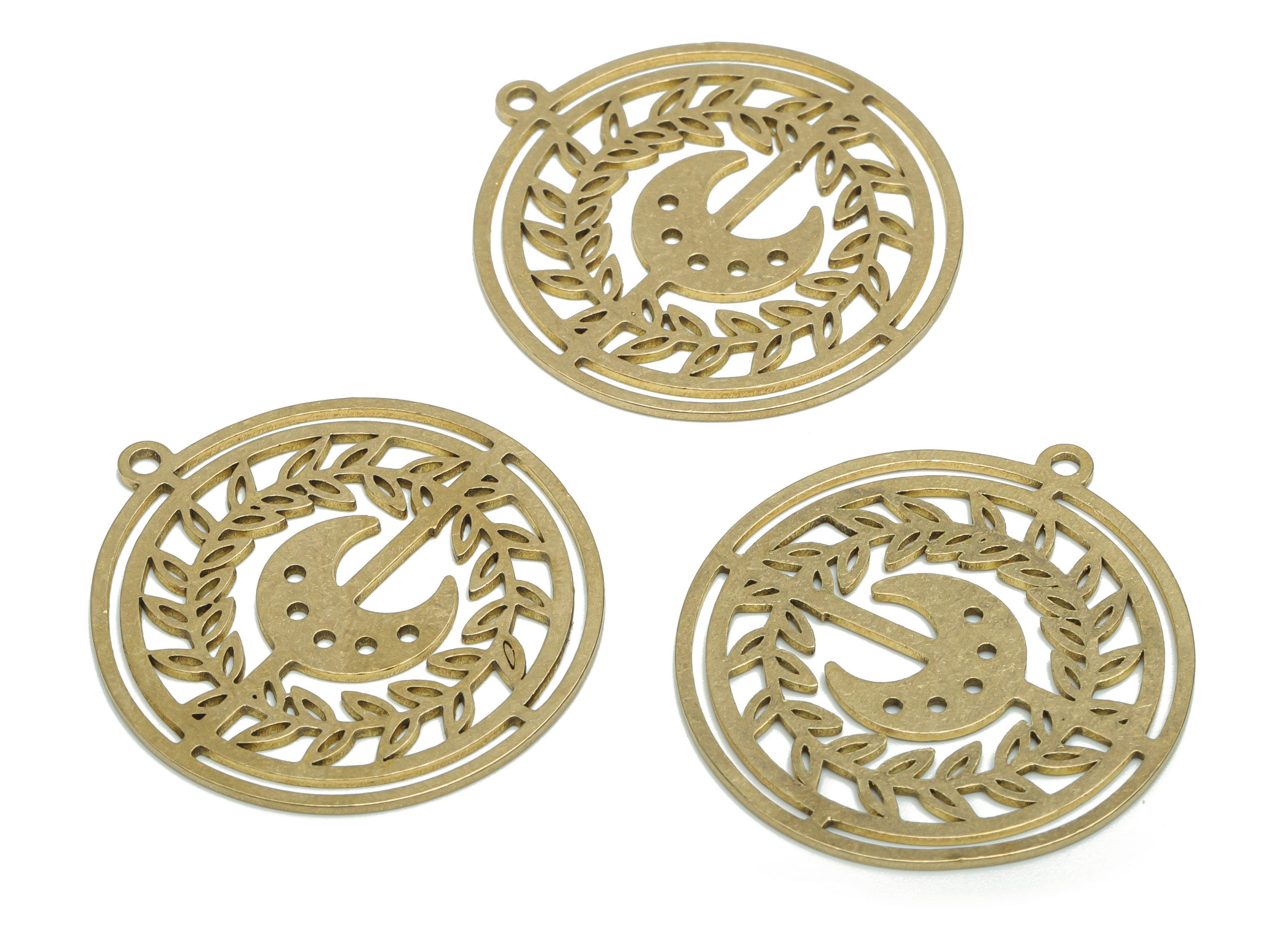 Brass Round Branch Moon Earring Charms - Raw Brass Crescent Circle Pendant - DIY Jewelry Making Supplies - 34.79x32.05x0.85mm - PPA1281 - DOMEDBAZAAR