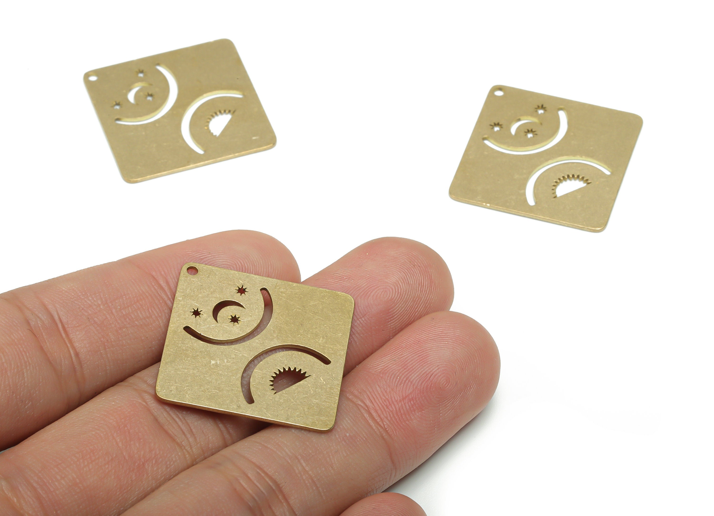 Brass Square Moon Planet Earring Charms - Raw Brass Crescent Sun Square Pendant - Jewelry Making Supplies - 34.84x34.69x0.75mm - PPA1009 - DOMEDBAZAAR