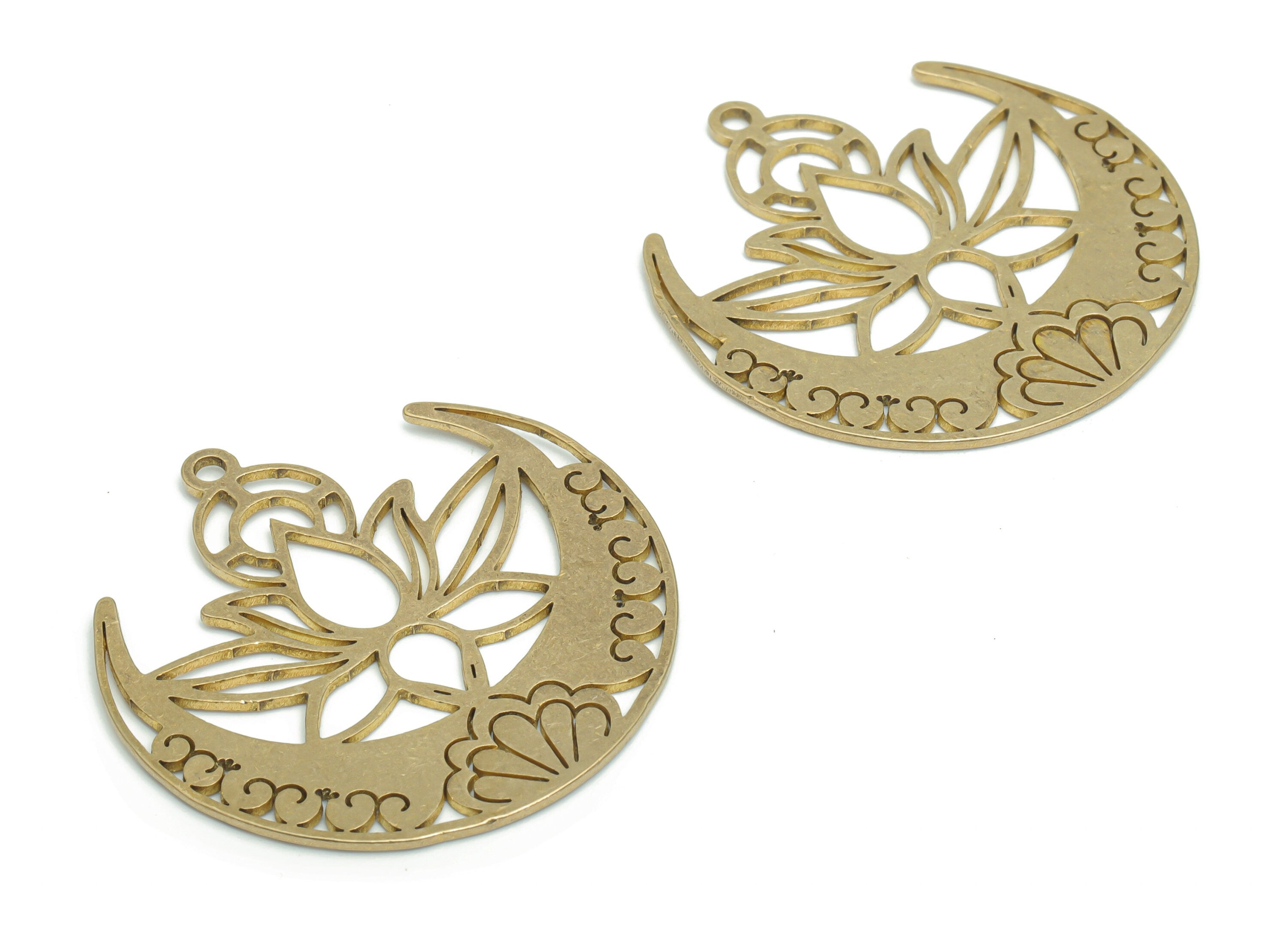 Brass Crescent Lotus Earring Charms - Raw Brass Moon Heart Flower Pendant - DIY Jewelry Making Supplies - 37.48x37.43x0.9mm - PPA1430 - DOMEDBAZAAR