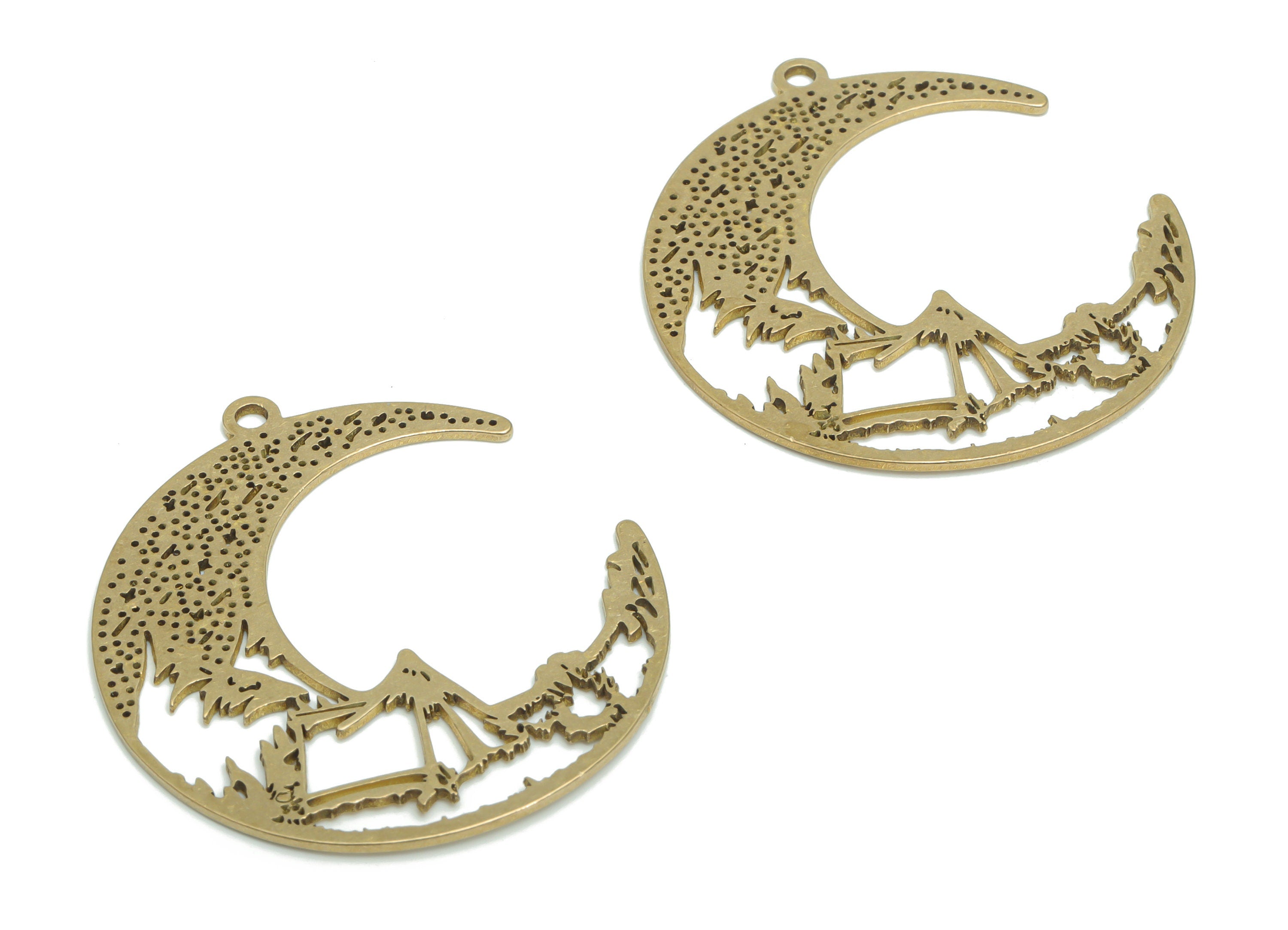 Brass Bubble Crescent Earring Charms - Raw Brass Moon Mountain Pendant - DIY Jewelry Making Supplies - 40.74x35.93x0.86mm - PPA1553 - DOMEDBAZAAR
