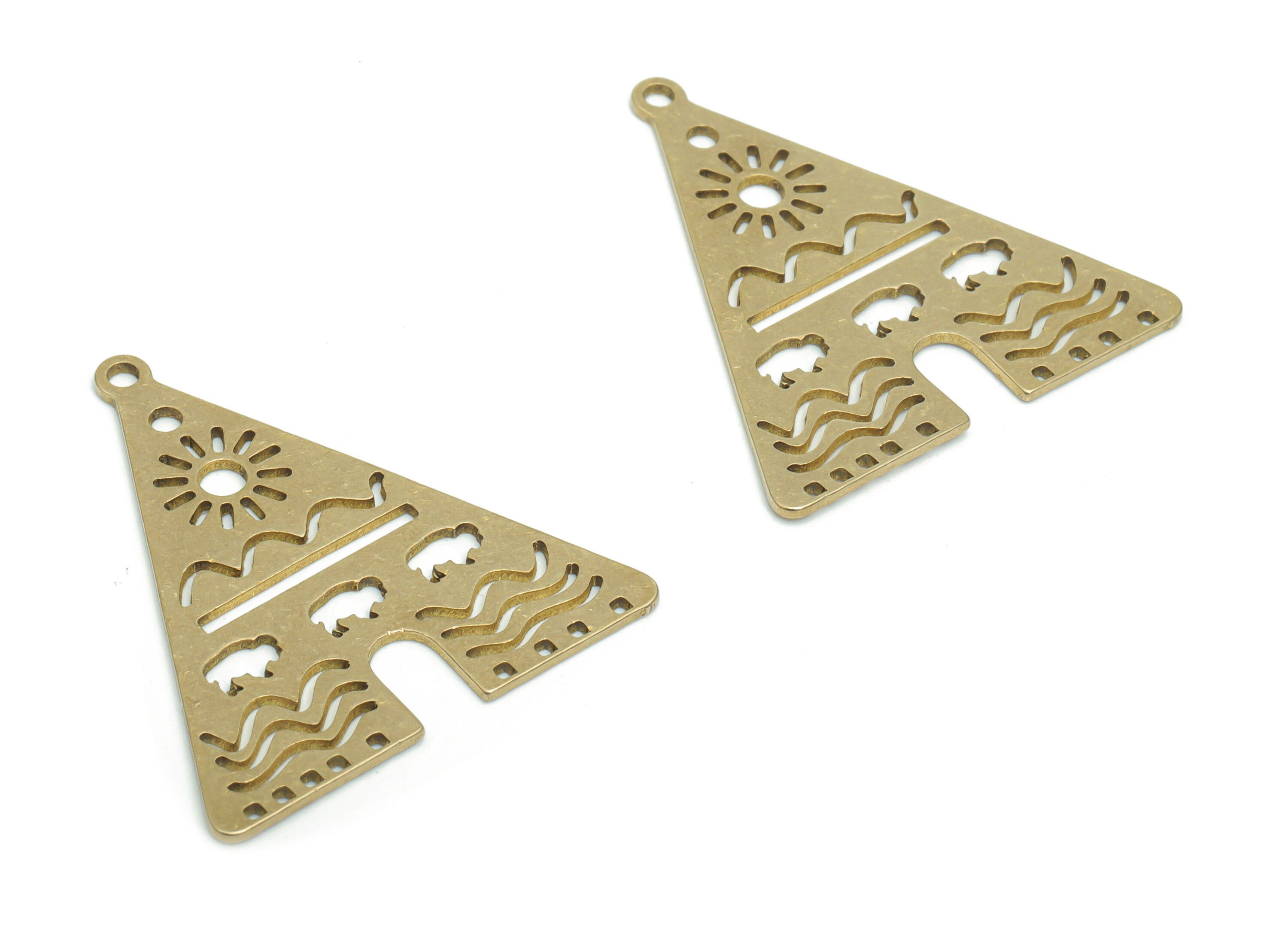 Brass Pyramid Sun Earring Charms - Raw Brass Triangle Cloud Waves Pendant - Jewelry Making Supplies - 35.88x32.47x0.84mm - PPA1970 - DOMEDBAZAAR