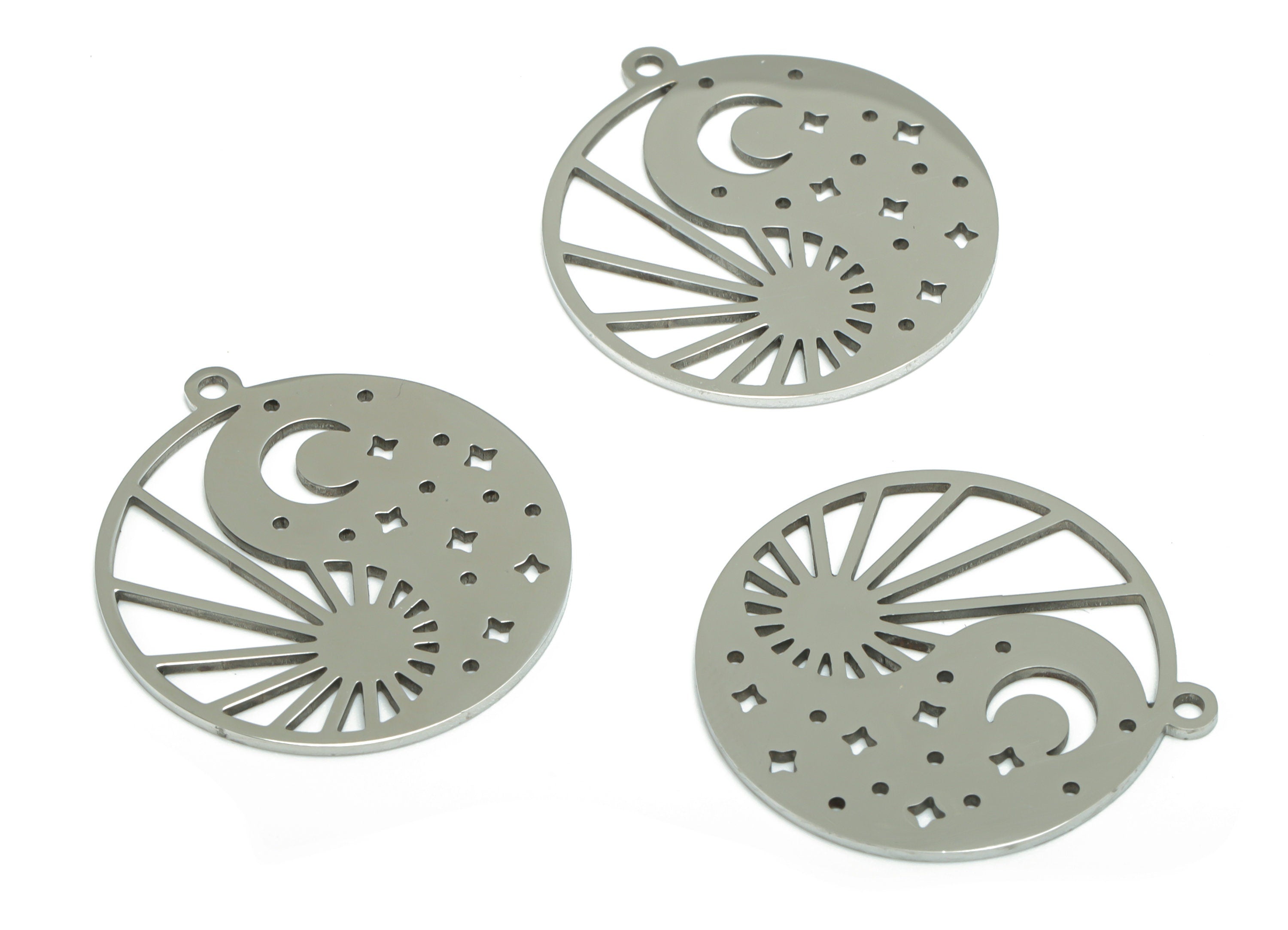 Stainless Steel Round Sun Moon Planet Earring Charms - Stainless Steel Crescent Star Pendant - Jewelry Supplies - 27.2x24.8x0.9mm - SSZS0022 - DOMEDBAZAAR