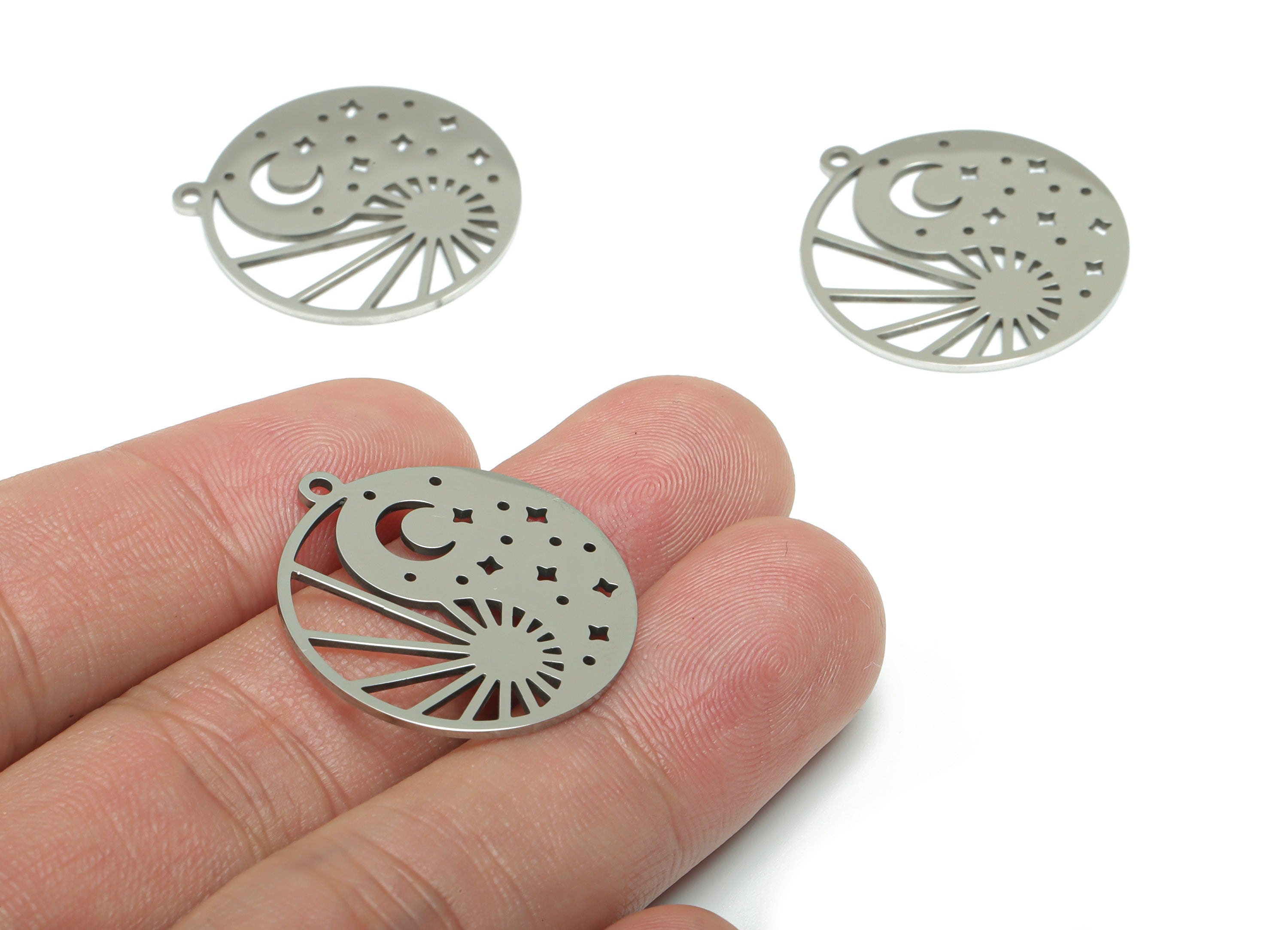 Stainless Steel Round Sun Moon Planet Earring Charms - Stainless Steel Crescent Star Pendant - Jewelry Supplies - 27.2x24.8x0.9mm - SSZS0022 - DOMEDBAZAAR