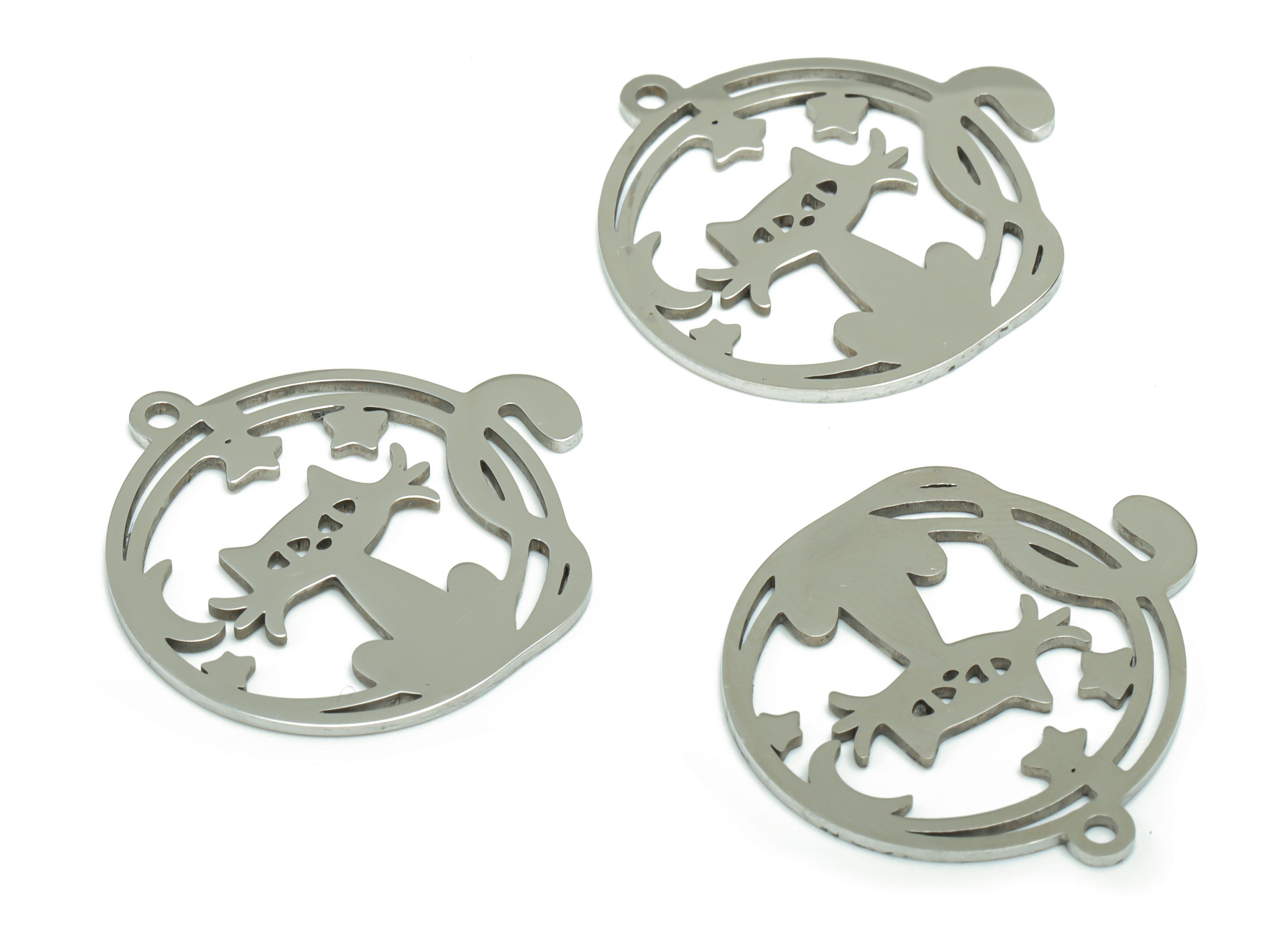 Stainless Steel Round Cat Crescent Earring Charms - Stainless Steel Moon Star Circle Pendant - Jewelry Supplies - 25.09x24x0.9mm - SSZS0007 - DOMEDBAZAAR