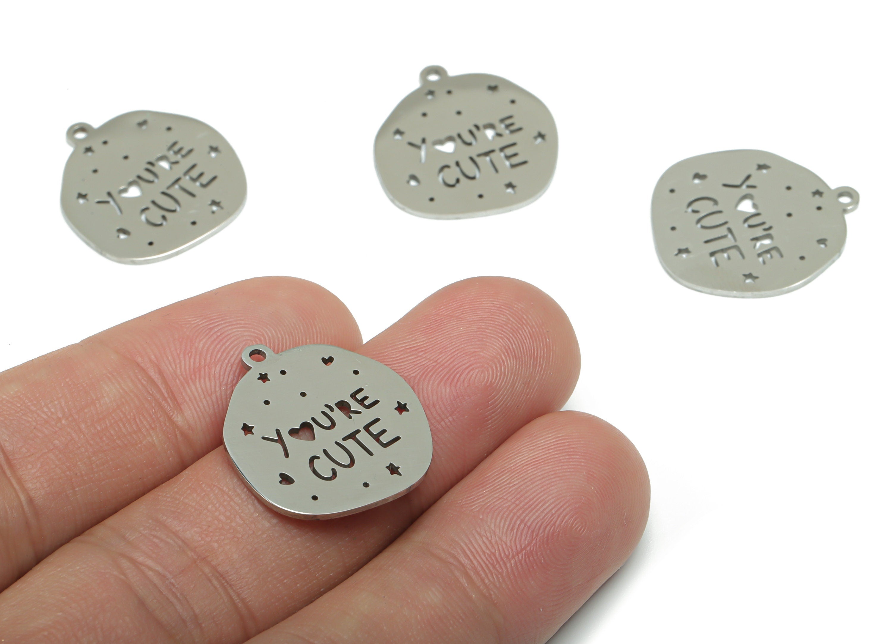 Stainless Steel  You’Re Cute Earring Charms - Stainless Steel Phrase Star Heart Pendant - Jewelry Supplies - 21.93x19.4x0.86mm - SSZS0012 - DOMEDBAZAAR
