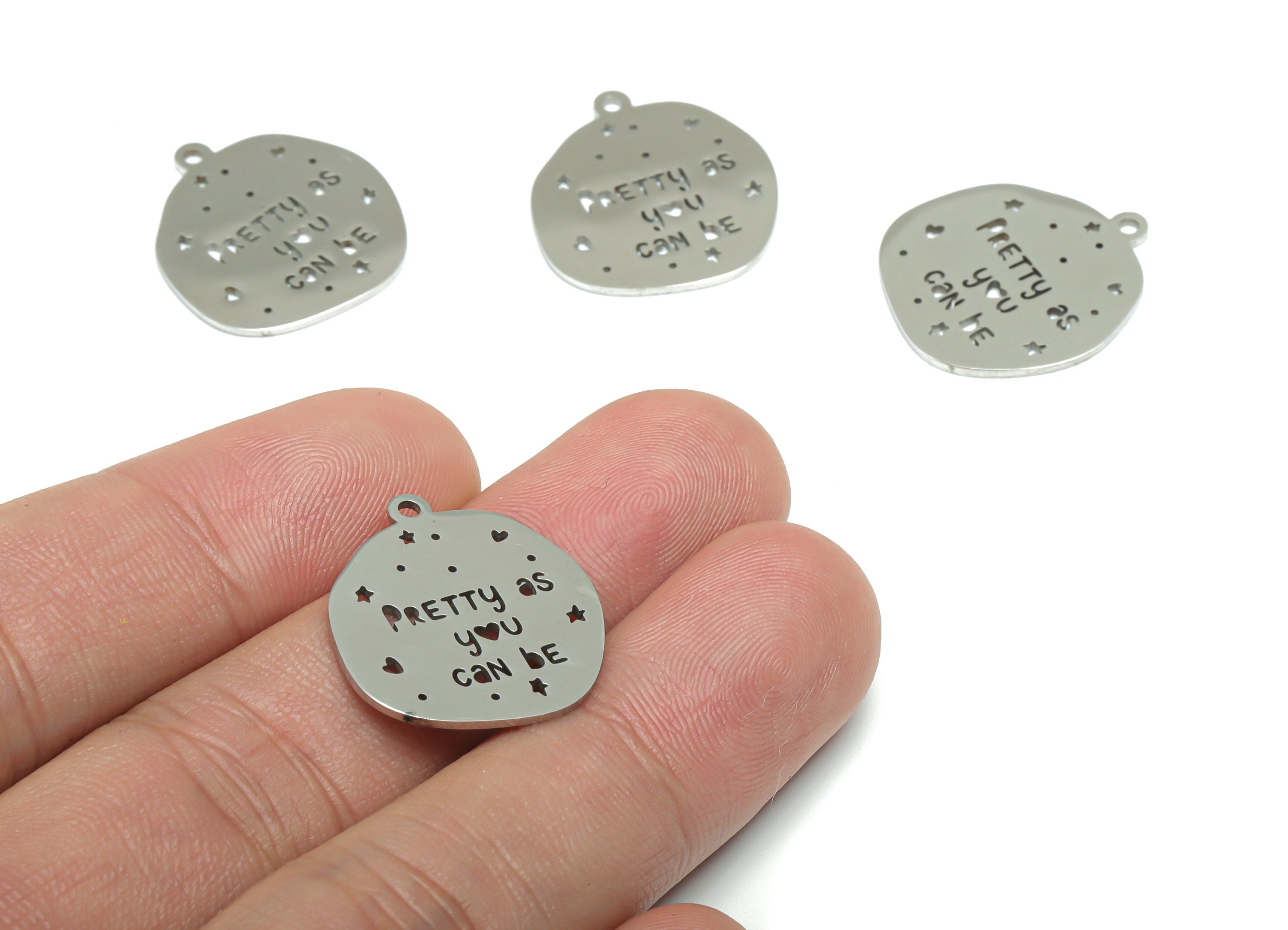 Stainless Steel Pretty As You Can Be Earring Charms - Stainless Steel Star Phrase Words Heart Pendant - 21.98x19.68x0.89mm - SSZS0013 - DOMEDBAZAAR