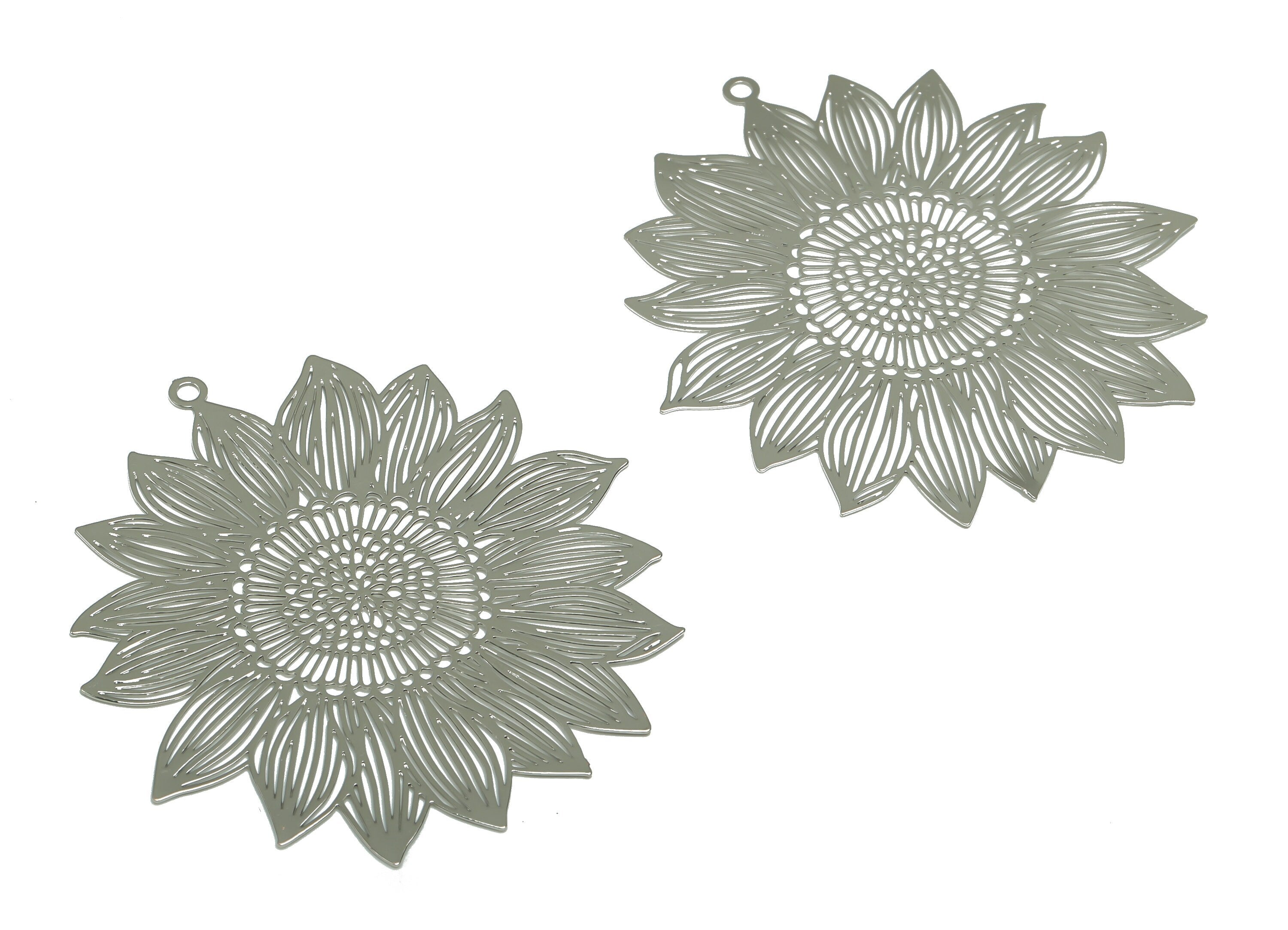 Brass Sunflower Earring Charms - Silver Flower Pendant -  Silver Tone Plated Brass - Jewelry Making Supplies - 56.85x52.16x0.35mm - JJA4616S - DOMEDBAZAAR