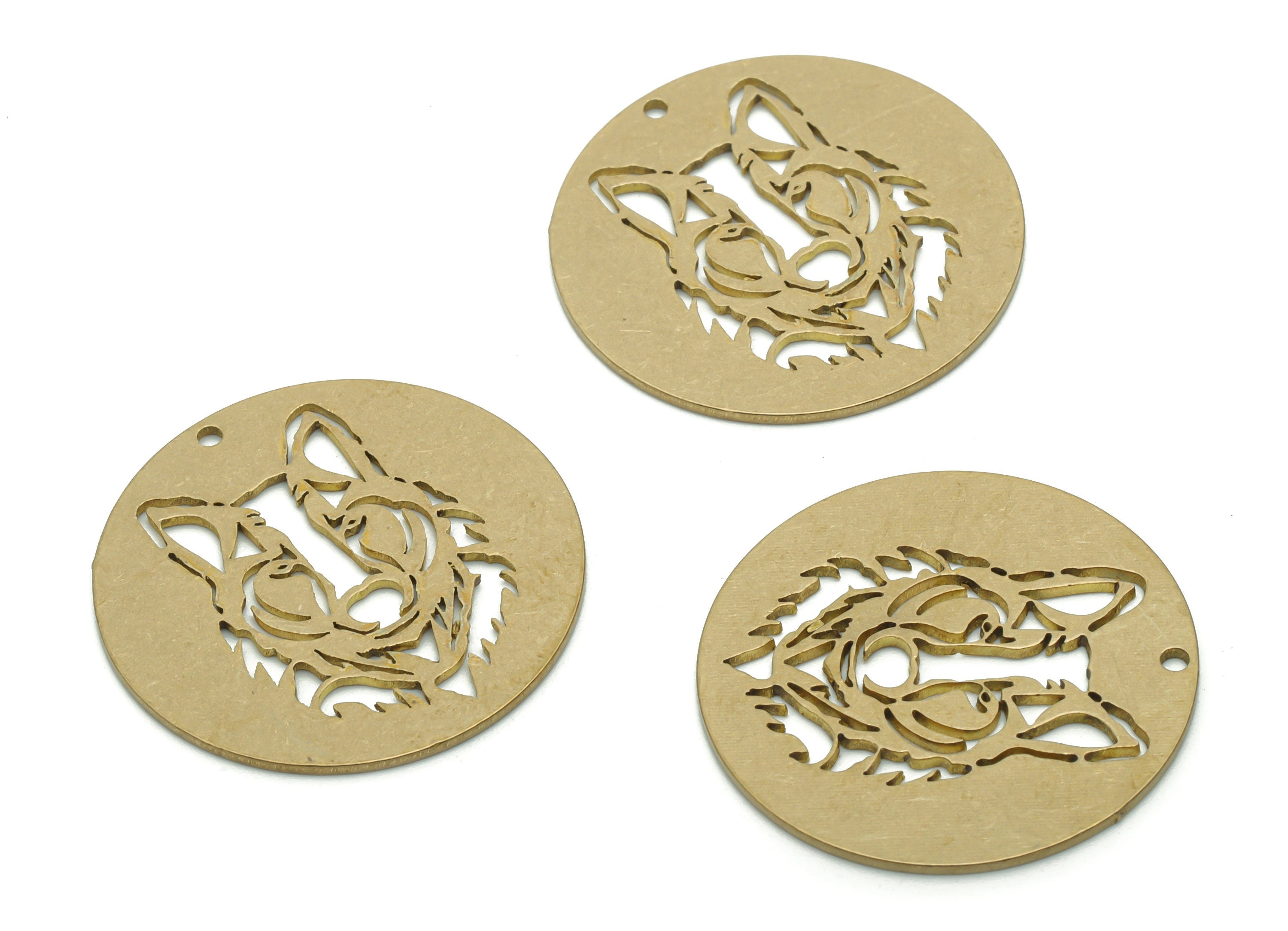 Brass Round Wolf Earring Charms - Raw Brass Wolf Circle Pendant - DIY Jewelry Making Supplies - 24.88x24.88x0.71mm - PP5084 - DOMEDBAZAAR