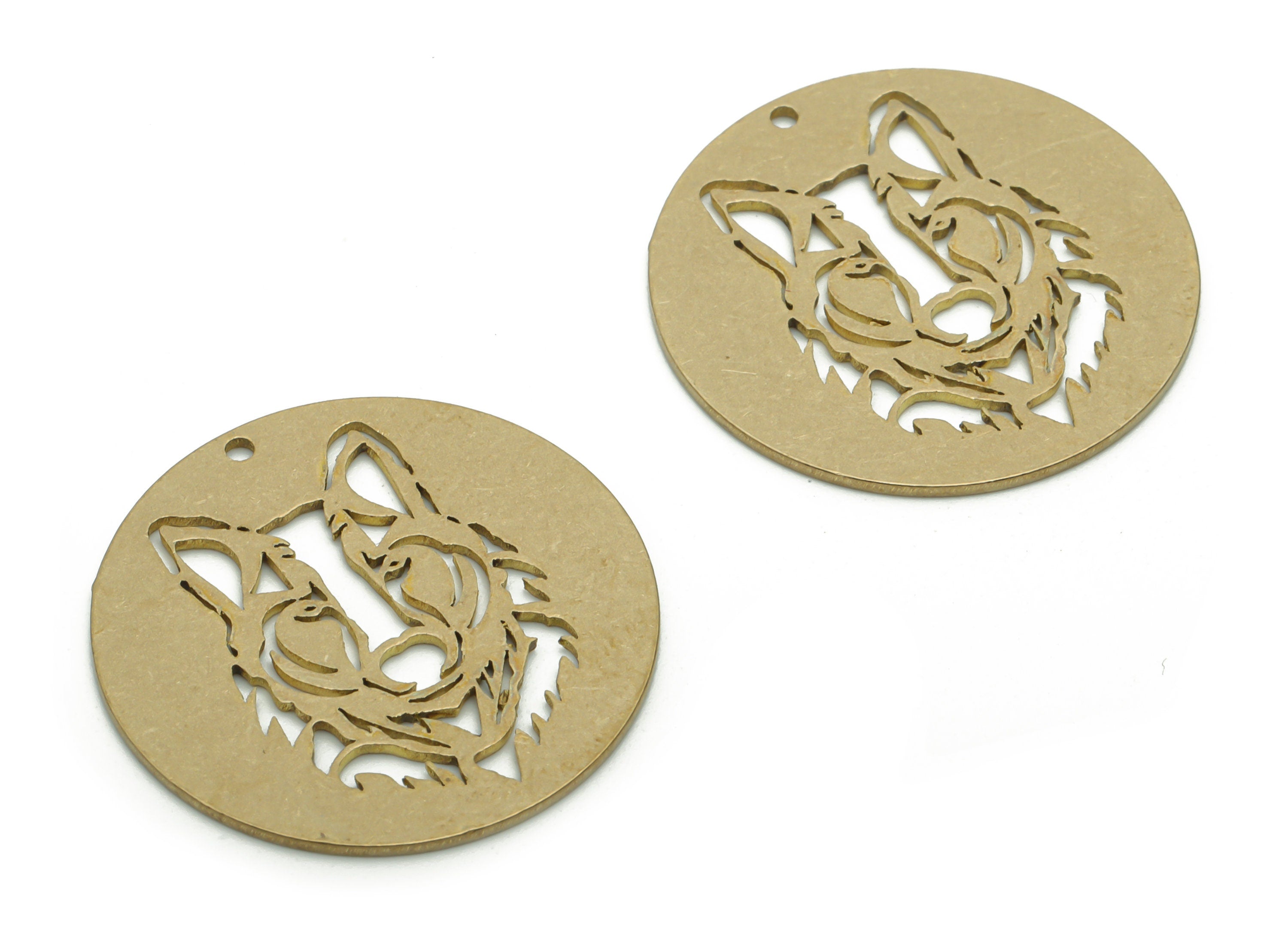 Brass Round Wolf Earring Charms - Raw Brass Wolf Circle Pendant - DIY Jewelry Making Supplies - 24.88x24.88x0.71mm - PP5084 - DOMEDBAZAAR