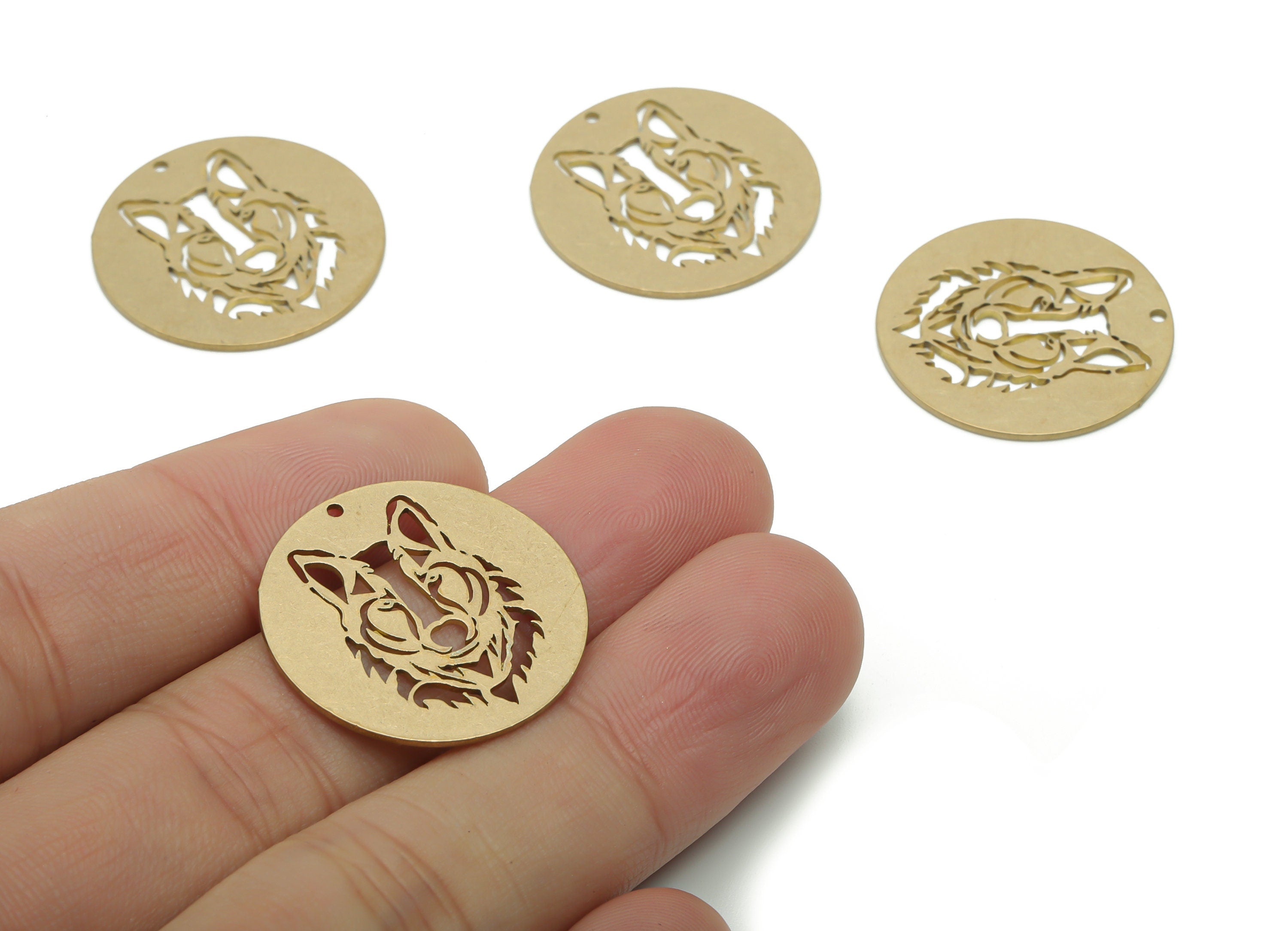 Brass Round Wolf Earring Charms - Raw Brass Wolf Circle Pendant - DIY Jewelry Making Supplies - 24.88x24.88x0.71mm - PP5084 - DOMEDBAZAAR