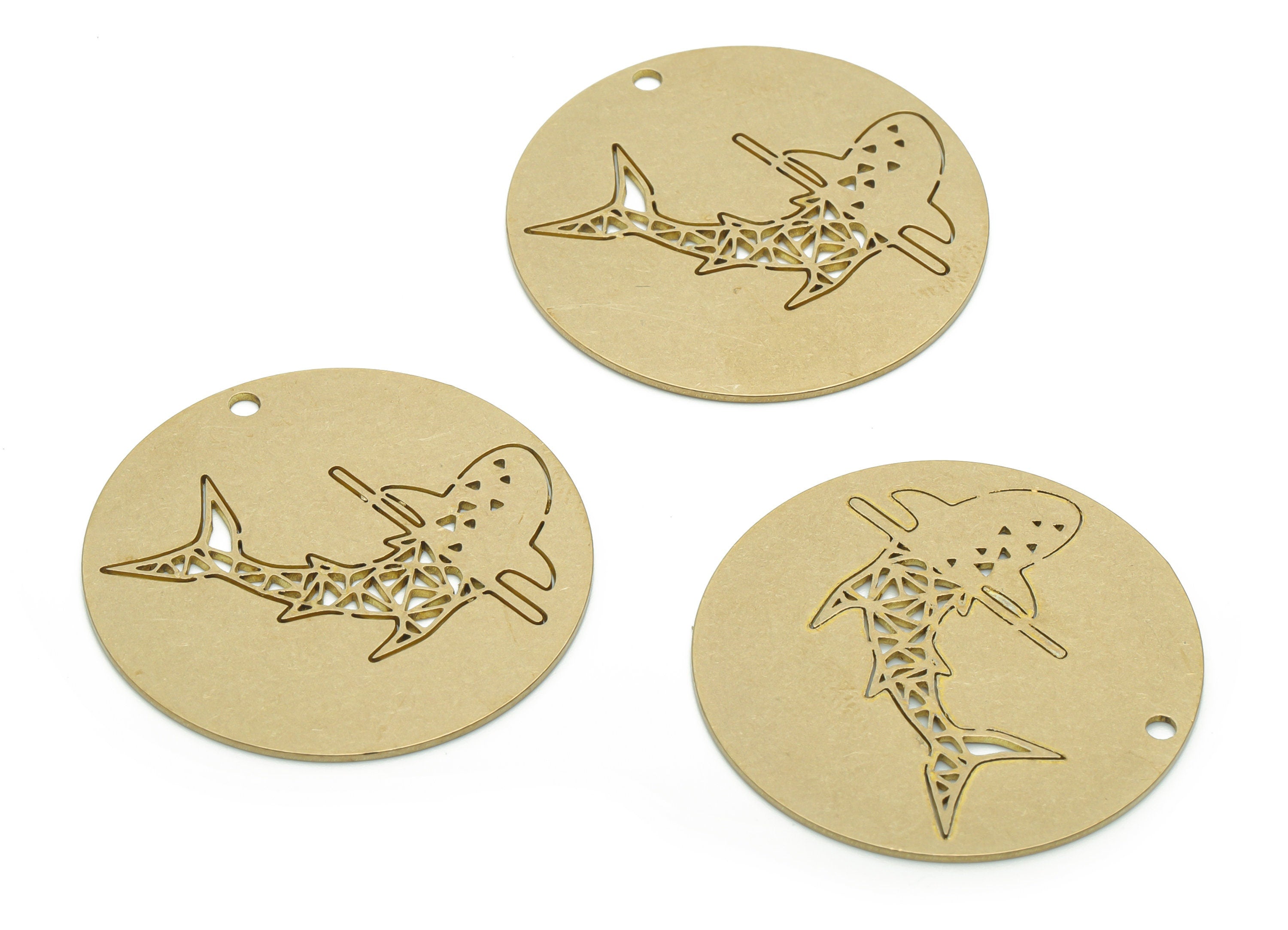 Brass Round Dolphin Earring Charms - Raw Brass Shark Circle Pendant - DIY Jewelry Making Supplies - 34.82x34.82x0.77mm - PPA1260 - DOMEDBAZAAR