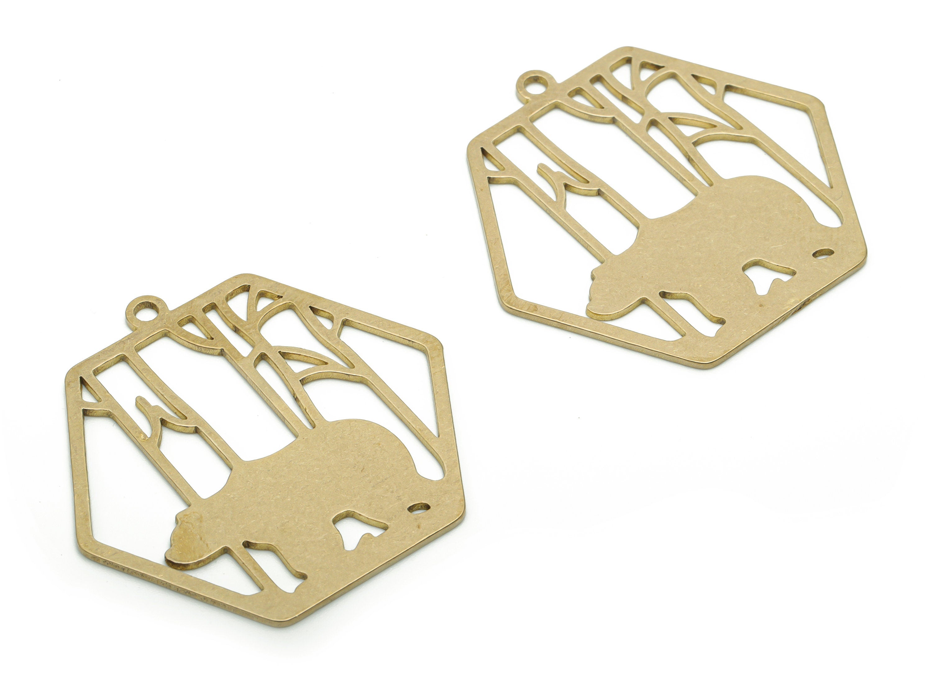 Brass Hexagon Bear Tree Earring Charms - Raw Brass Bear Behind Bar Pendant - DIY Jewelry Making Supplies - 37.59x36.29x0.84mm - PPA1248 - DOMEDBAZAAR