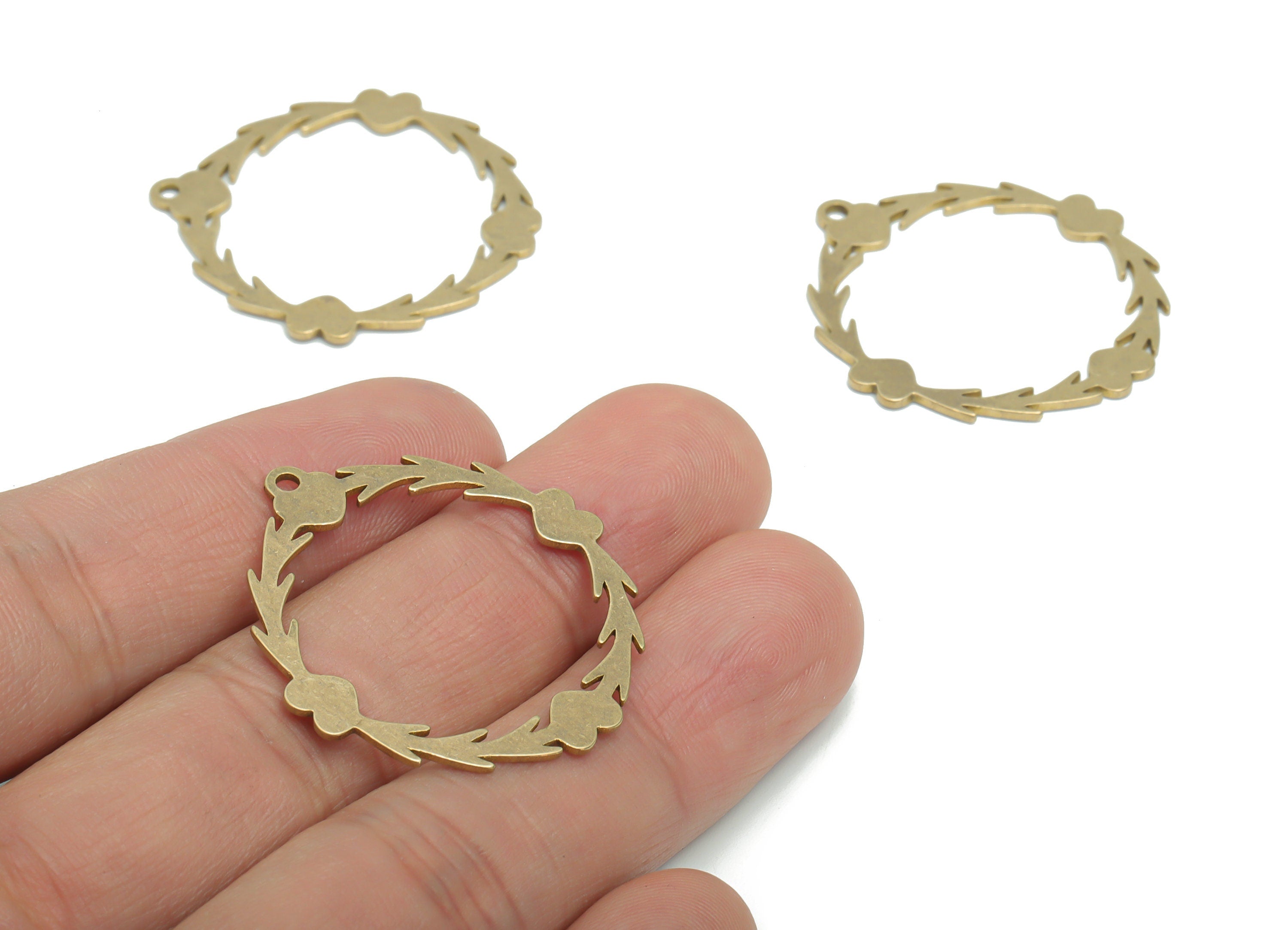 Brass Round Heart Branch Earring Charms - Raw Brass Branch Circle Hoop Pendant - DIY Jewelry Making Supplies - 34.83x32.54x0.86mm - PPA2226 - DOMEDBAZAAR