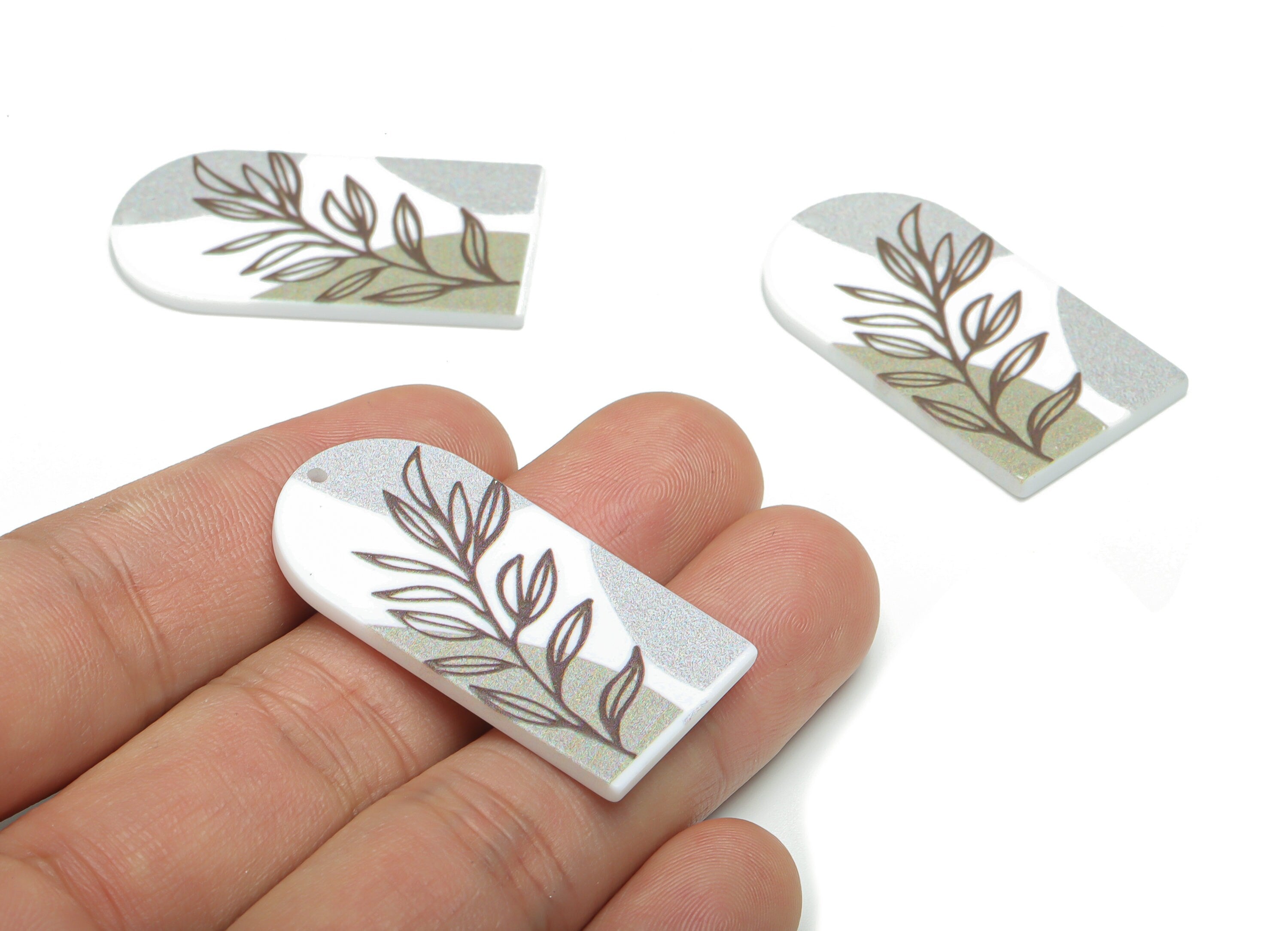 Acrylic Long D Domed Leaves Earring Charms - Acrylic D Leaf Pendant - Printing Textured - Jewelry Supplies - 39.58x20.94x2.07mm - AC2460J - DOMEDBAZAAR