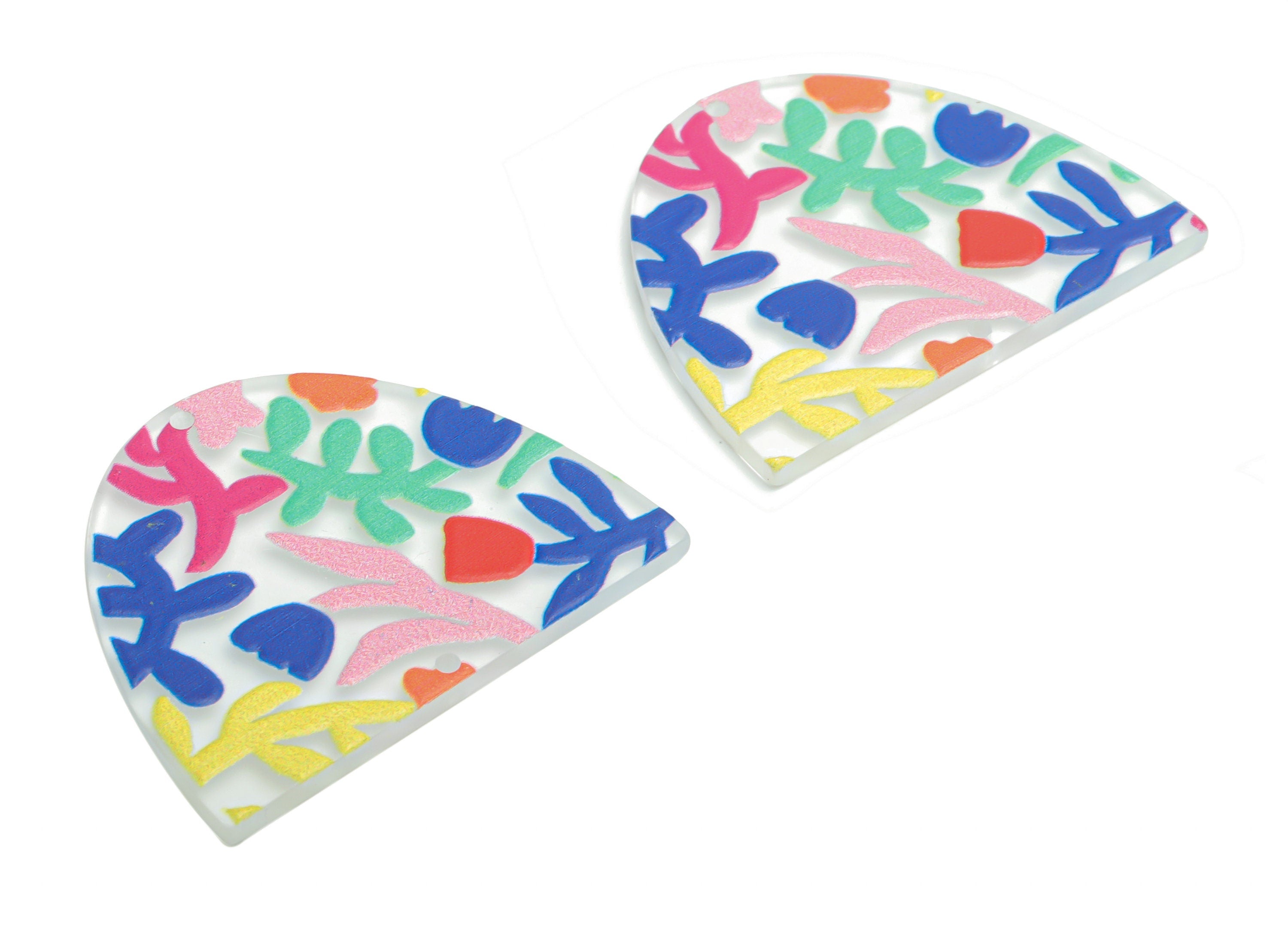 Acrylic Semi Oval Domed Leaf Flower Earring Connectors - Acrylic Half Oval Flower Charms - Printing Textured - 39.53x32.69x2.18mm - AC2465 - DOMEDBAZAAR