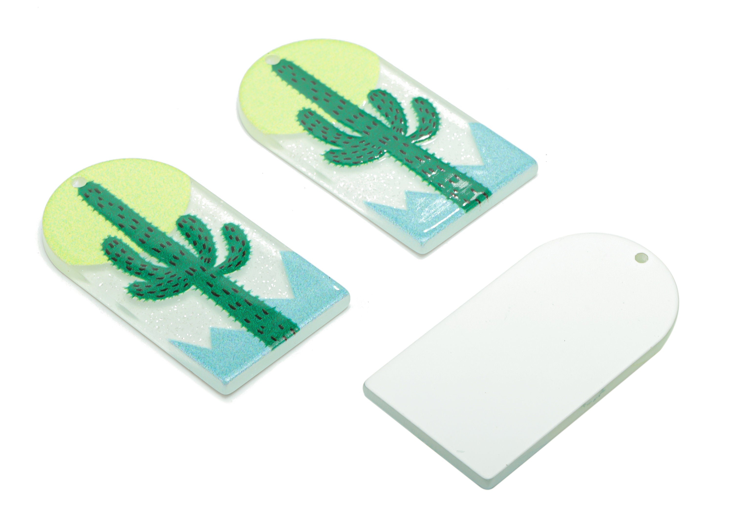 Acrylic Long D Domed Cactus Earring Charms - Acrylic D Mountain Pendant - Printing Textured - Jewelry Supplies - 39.58x20.94x2.1mm - AC2460T - DOMEDBAZAAR