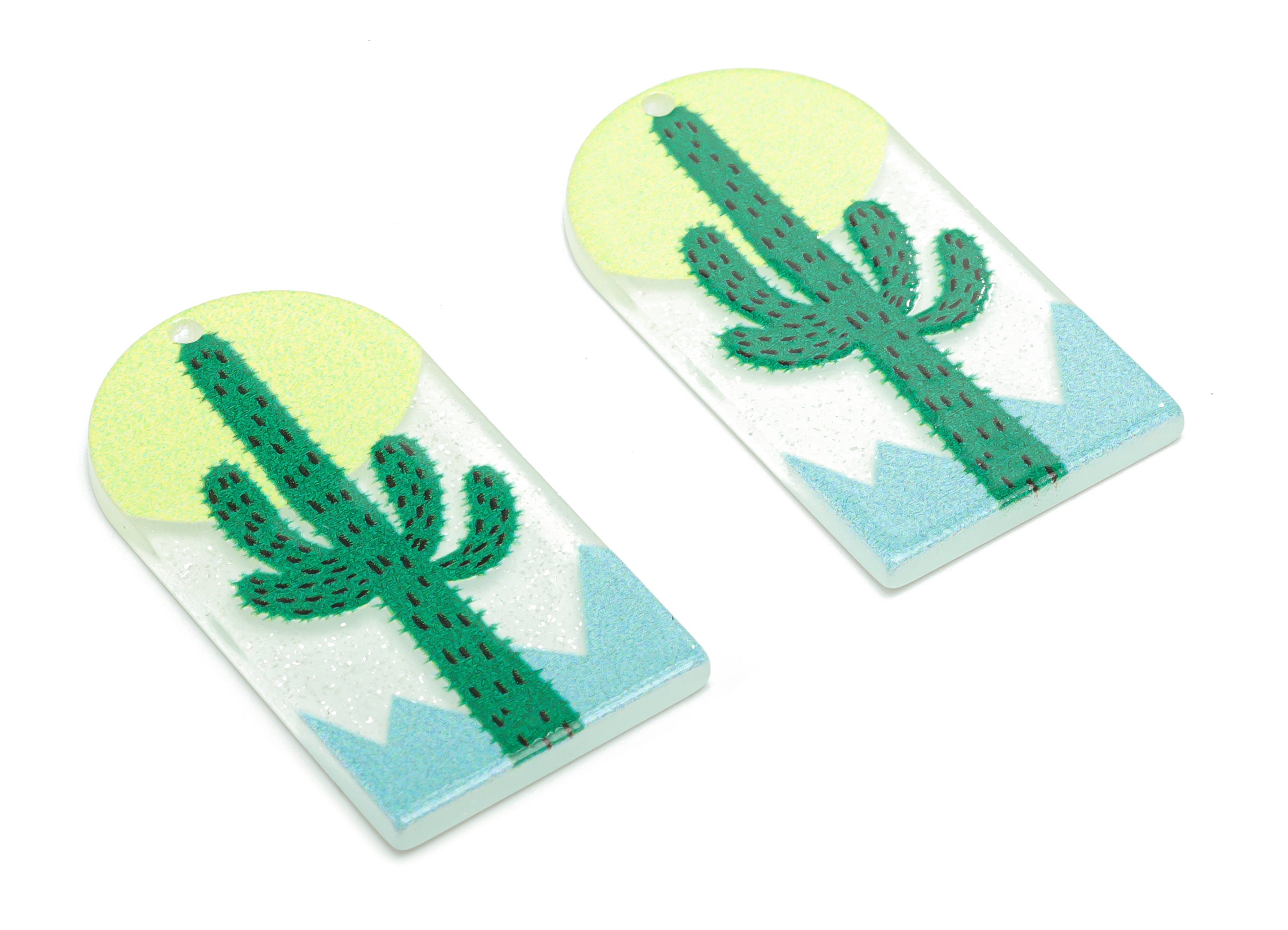 Acrylic Long D Domed Cactus Earring Charms - Acrylic D Mountain Pendant - Printing Textured - Jewelry Supplies - 39.58x20.94x2.1mm - AC2460T - DOMEDBAZAAR