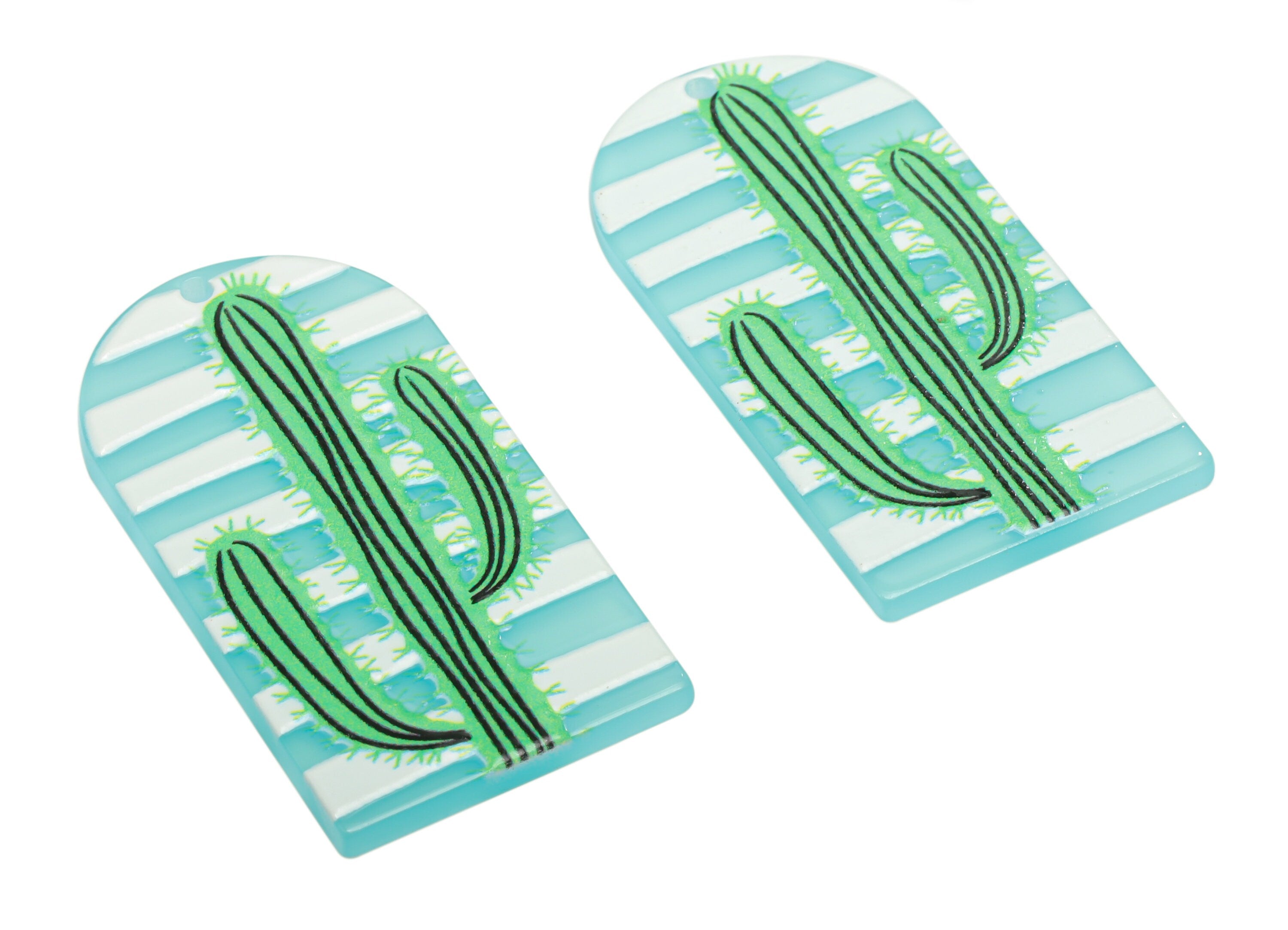 Acrylic Long D Domed Cactus Earring Charms - Acrylic D Cactus Pendant - Printing Textured - Jewelry Supplies - 39.58x20.94x2.07mm - AC2460E - DOMEDBAZAAR