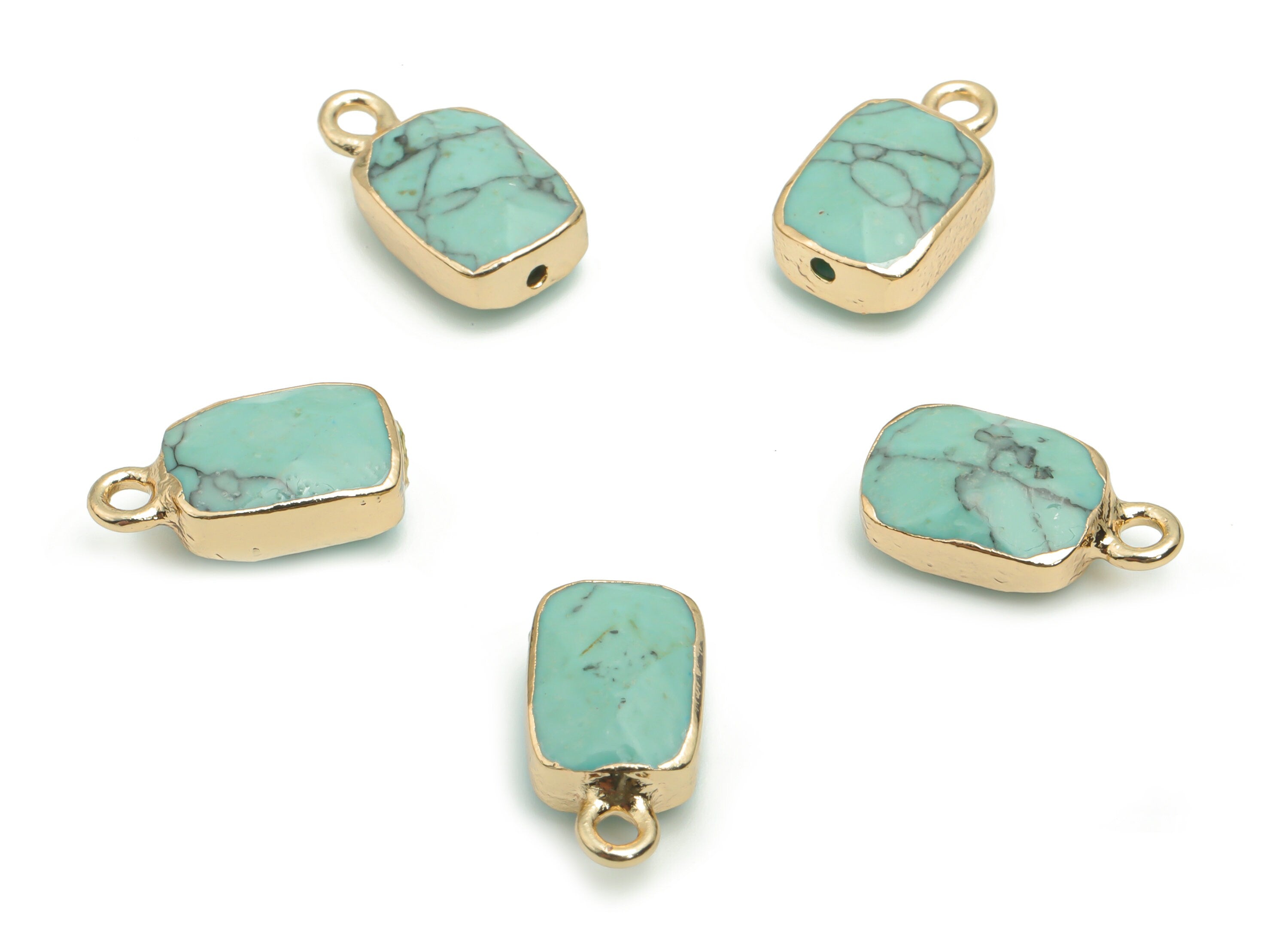 Light Blue Turquoise Charms - Brass Rectangle Pendant - Iron Loop - Natural Stone - Gold Tone Plated Brass – 15.78mx8.35x5.43mm – NS1565 - DOMEDBAZAAR