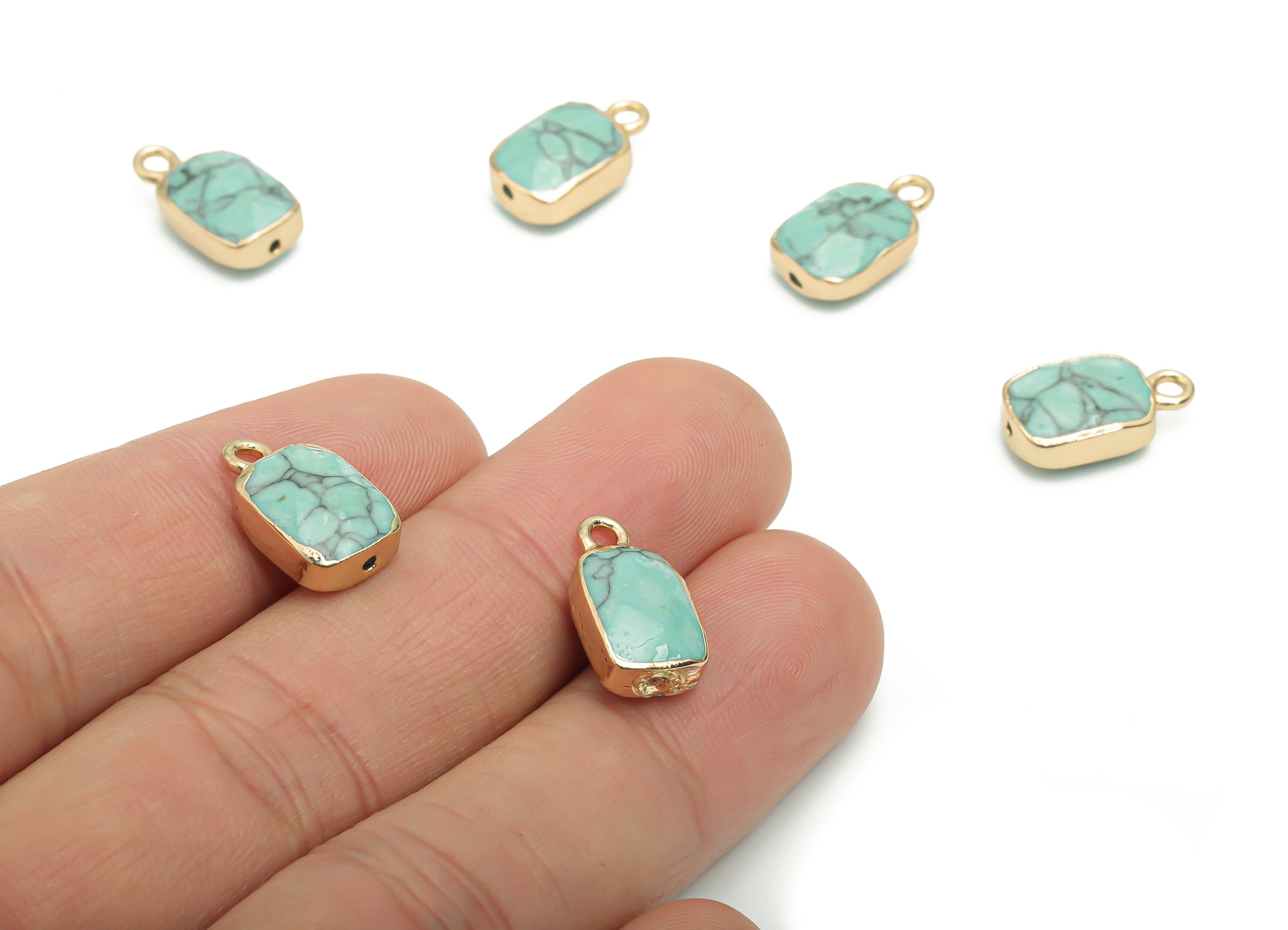 Light Blue Turquoise Charms - Brass Rectangle Pendant - Iron Loop - Natural Stone - Gold Tone Plated Brass – 15.78mx8.35x5.43mm – NS1565 - DOMEDBAZAAR