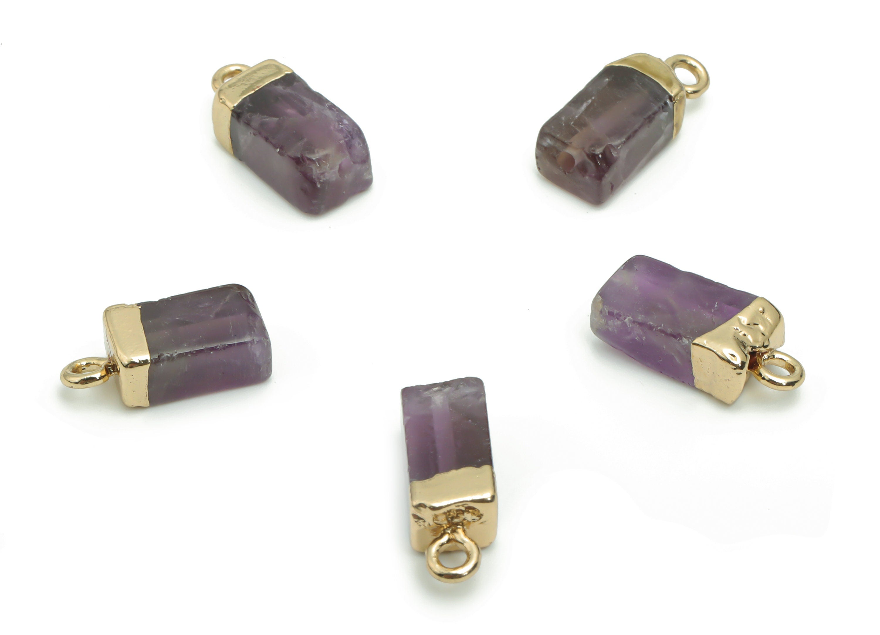 Amethyst Rectangle Earring Charms - Brass Rectangle Pendant - Iron Loop - Natural Stone - Gold Tone Plated Brass – 16.5x5.85x5.1mm – NS1567D - DOMEDBAZAAR