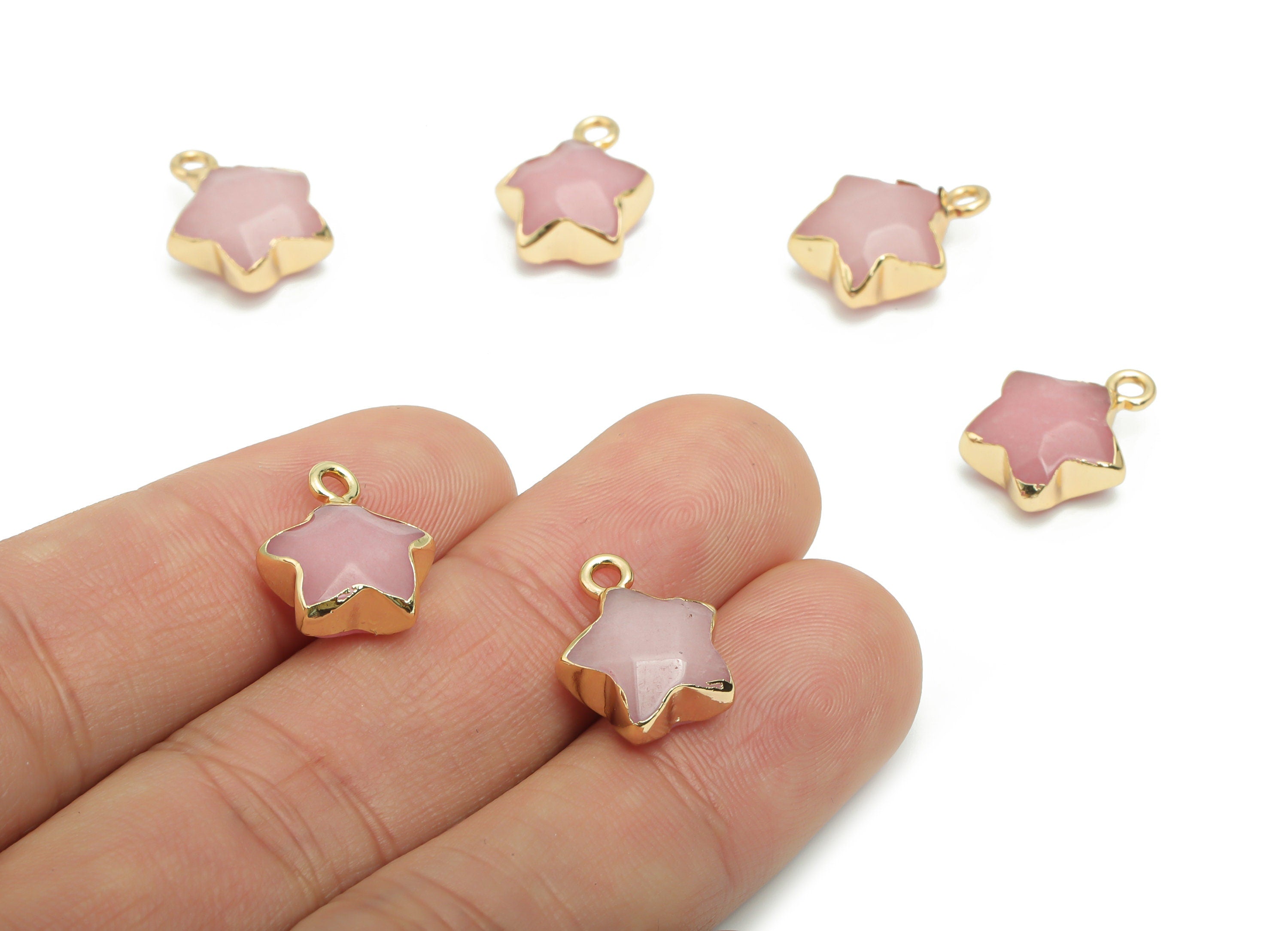 Rose Guartz Star Earring Charms - Brass Star Pendant - Iron Loop - Natural Stone - Gold Tone Plated Brass – 15.94x12.86x6.51mm – NS1579J - DOMEDBAZAAR