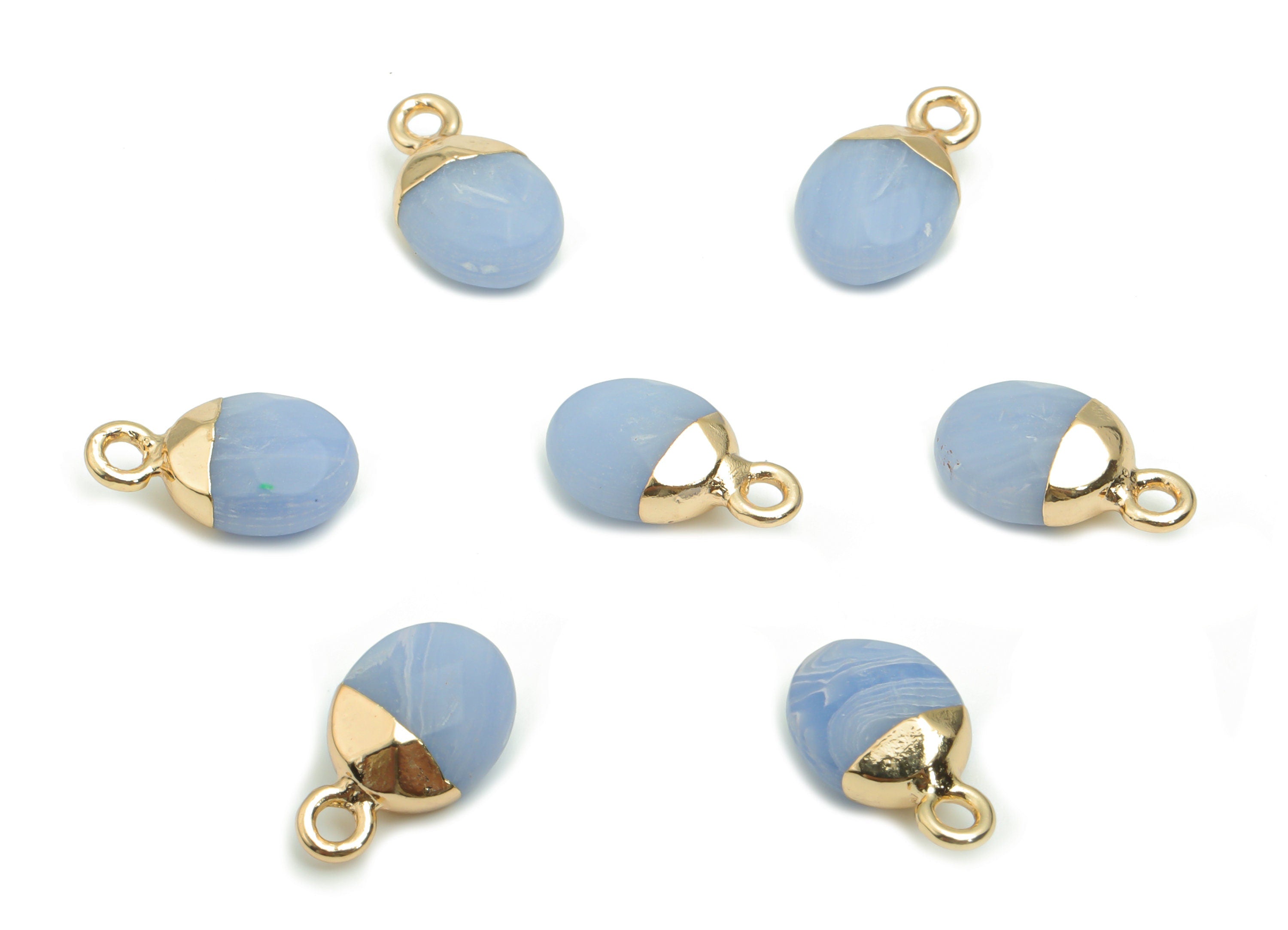Blue Jade Stone Mini Round Charms - Brass Circle Pendant - Iron Loop - Natural Stone - Gold Tone Plated Brass – 13.52x8.1x5.3mm – NS1577J - DOMEDBAZAAR