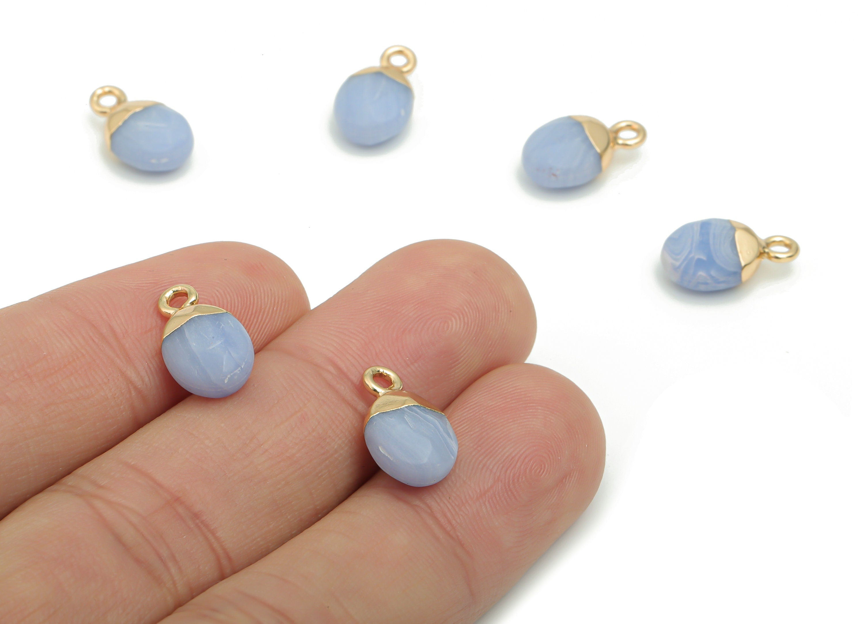 Blue Jade Stone Mini Round Charms - Brass Circle Pendant - Iron Loop - Natural Stone - Gold Tone Plated Brass – 13.52x8.1x5.3mm – NS1577J - DOMEDBAZAAR