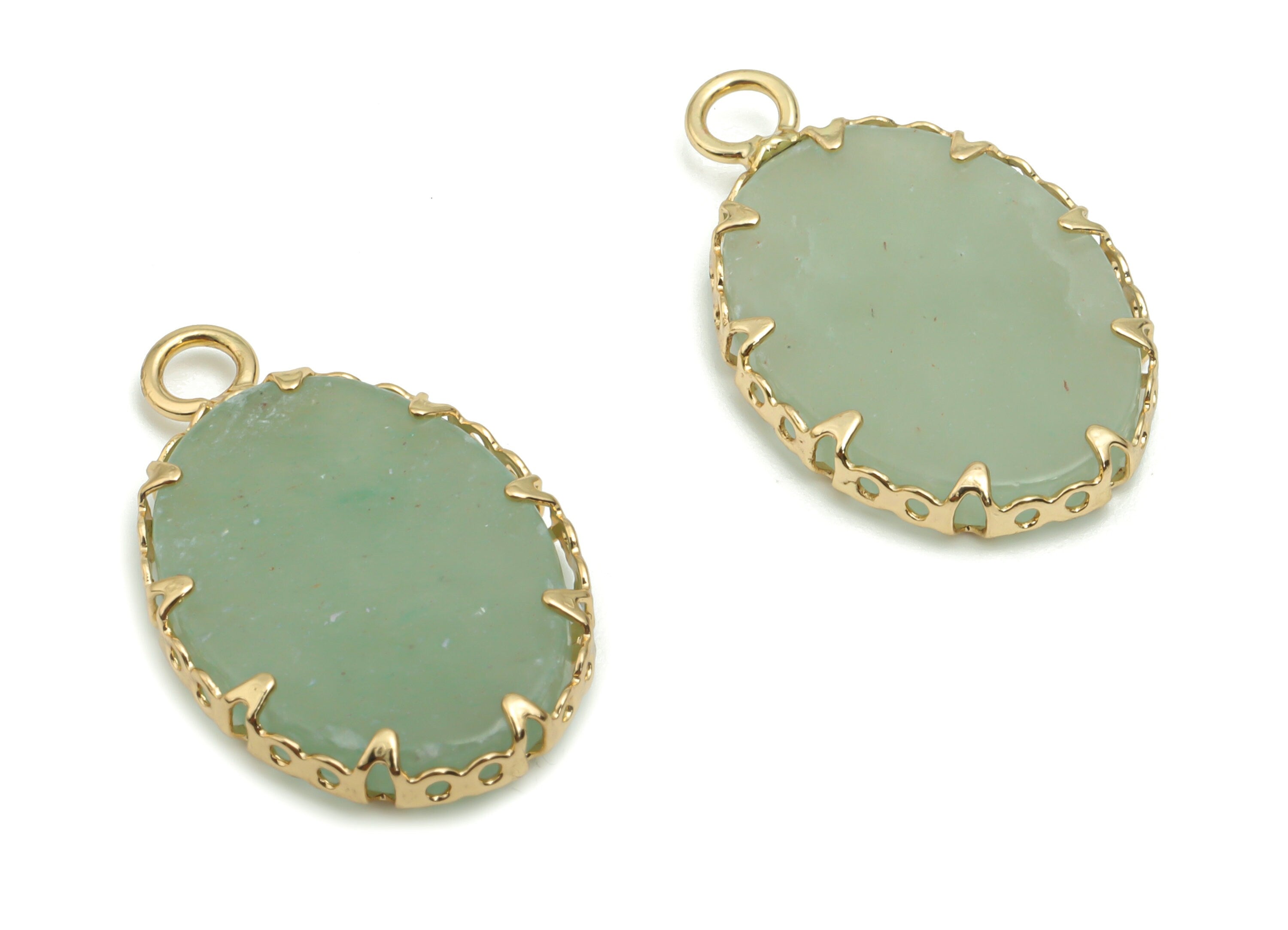 Aventurine Oval Earring Charms - Brass Frame Pendant - Iron Loop - Natural Stone - Gold Tone Plated Brass – 23.11x14.02x2.78mm – NS1572A - DOMEDBAZAAR