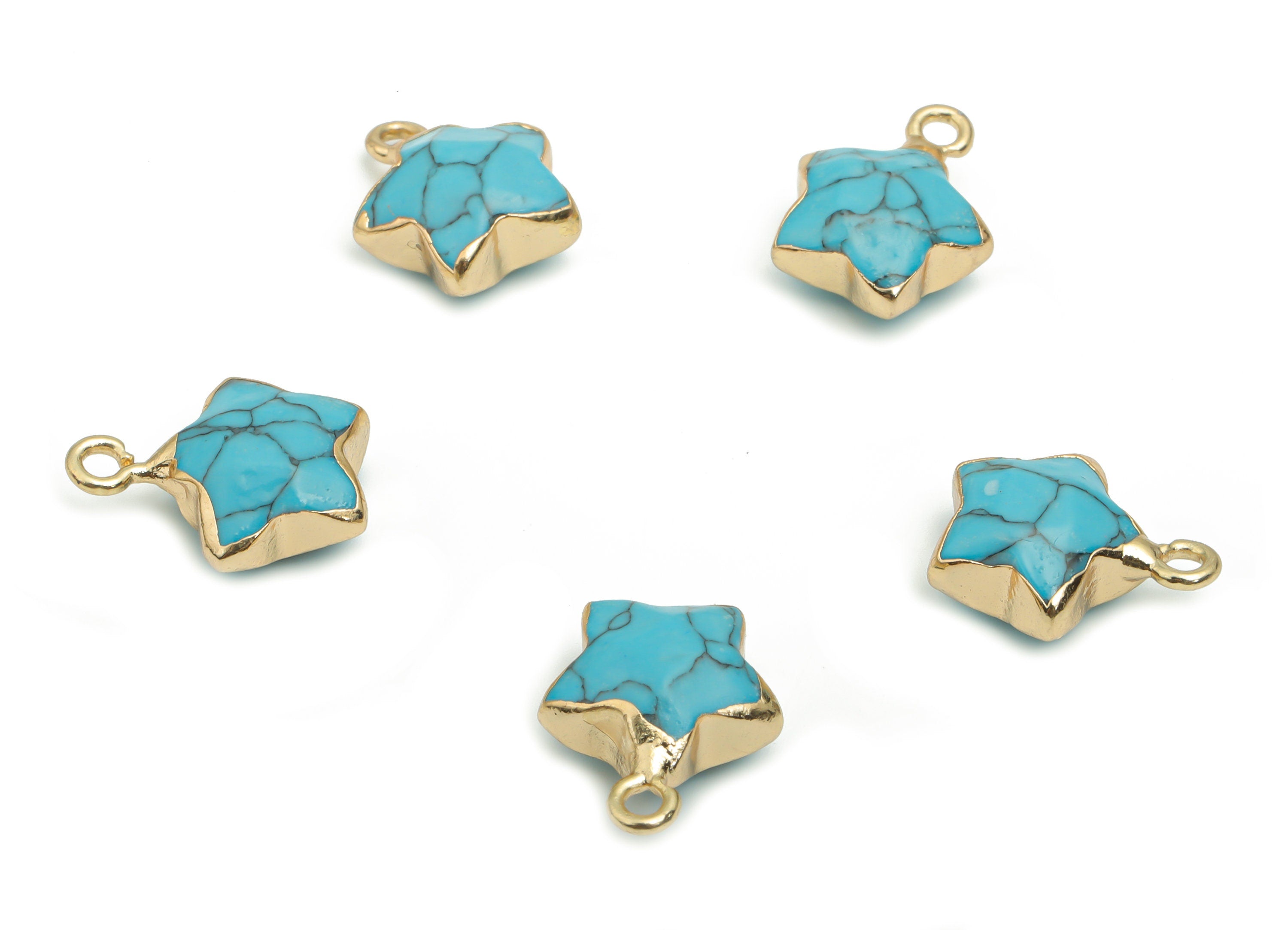 Blue Turquoise Star Earring Charms - Brass Star Pendant - Iron Loop - Natural Stone - Gold Tone Plated Brass – 15.94x12.86x6.51mm – NS1579H - DOMEDBAZAAR