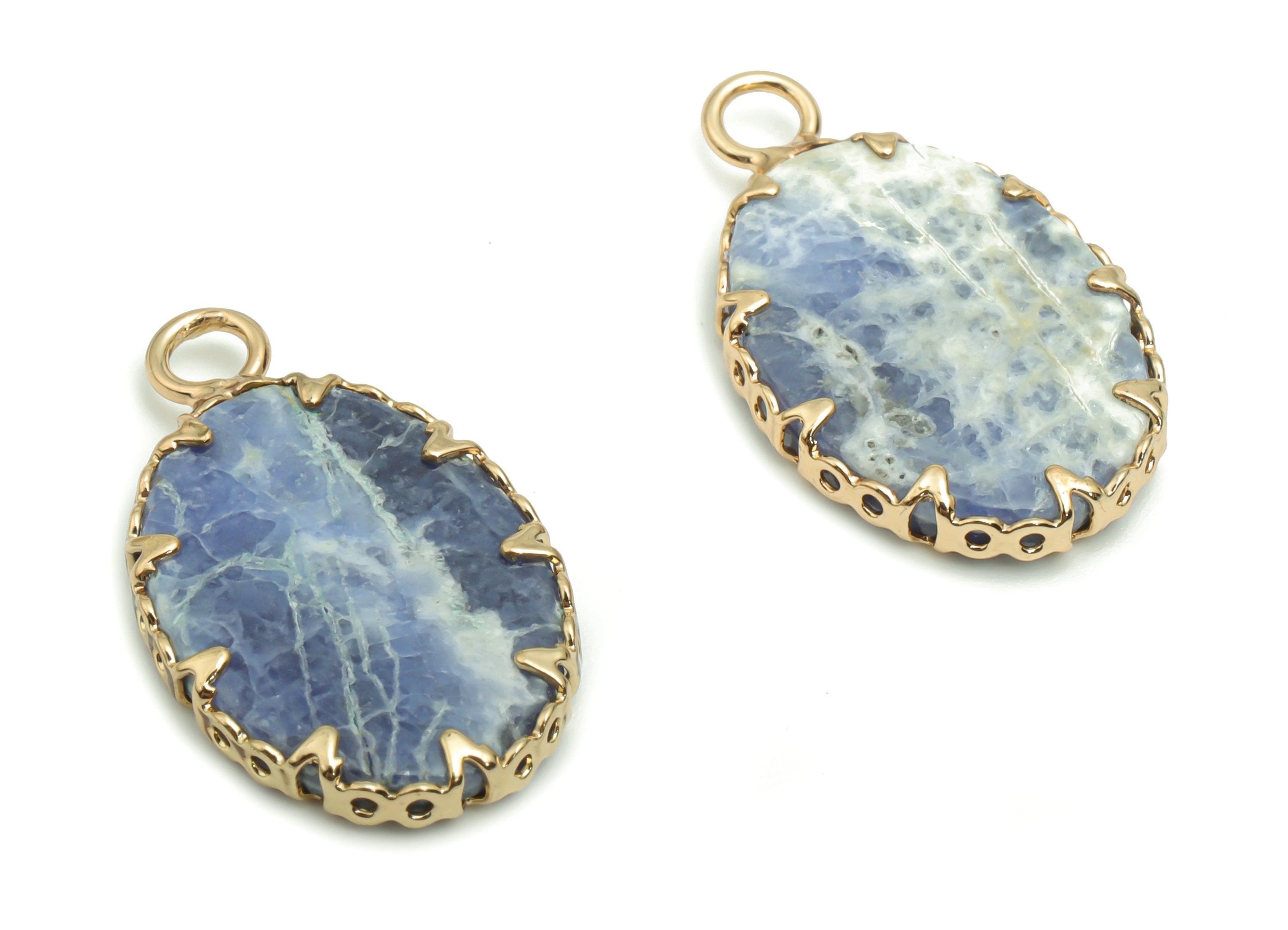 Sodalite Oval Earring Charms - Brass Frame Pendant - Iron Loop - Natural Stone - Gold Tone Plated Brass – 23.18x14.24x2.96mm – NS1572B - DOMEDBAZAAR