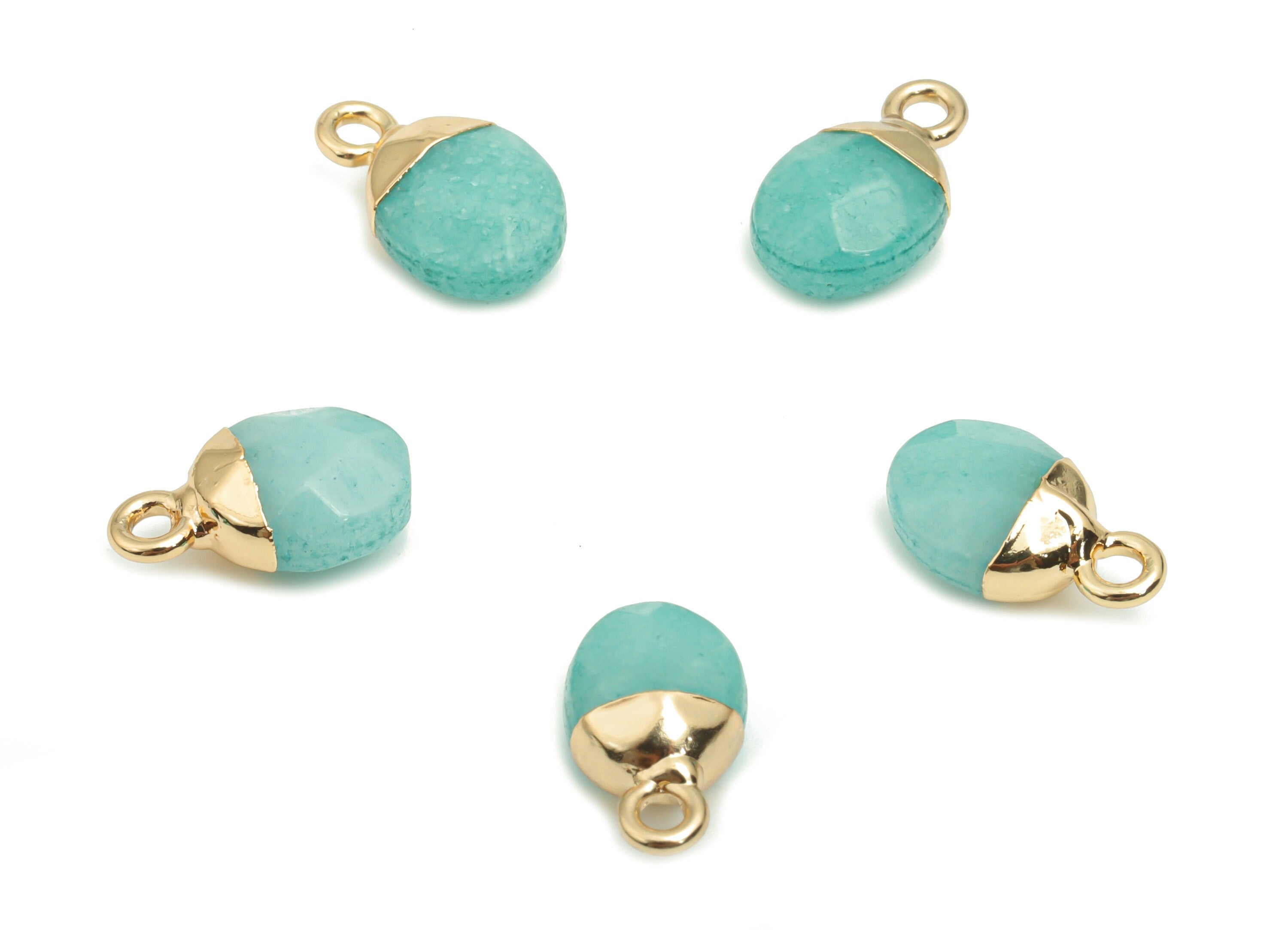 Blue Jade Mini Round Earring Charms - Brass Circle Pendant - Iron Loop - Natural Stone - Gold Tone Plated Brass – 13.52x8.1x5.3mm – NS1577B - DOMEDBAZAAR