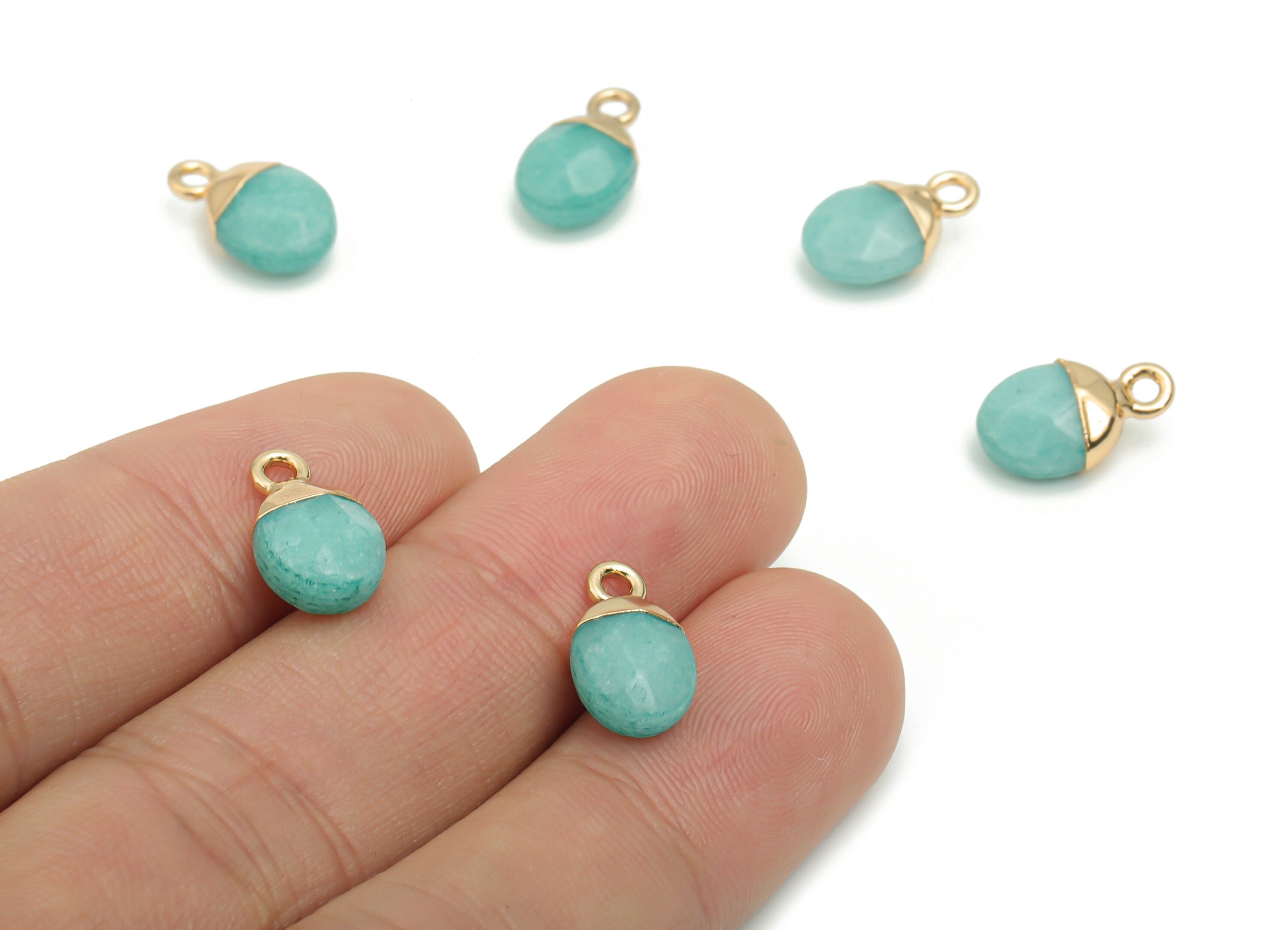 Blue Jade Mini Round Earring Charms - Brass Circle Pendant - Iron Loop - Natural Stone - Gold Tone Plated Brass – 13.52x8.1x5.3mm – NS1577B - DOMEDBAZAAR