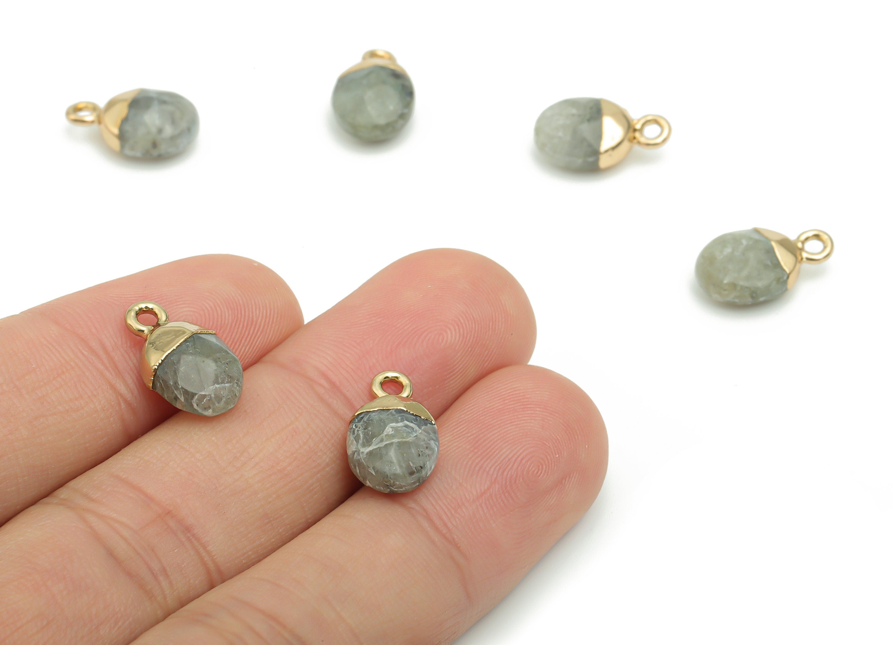 Gray Labradorite Mini Round Charms - Brass Circle Pendant - Iron Loop - Natural Stone - Gold Tone Plated Brass – 13.52x8.07x5.3mm – NS1577C - DOMEDBAZAAR