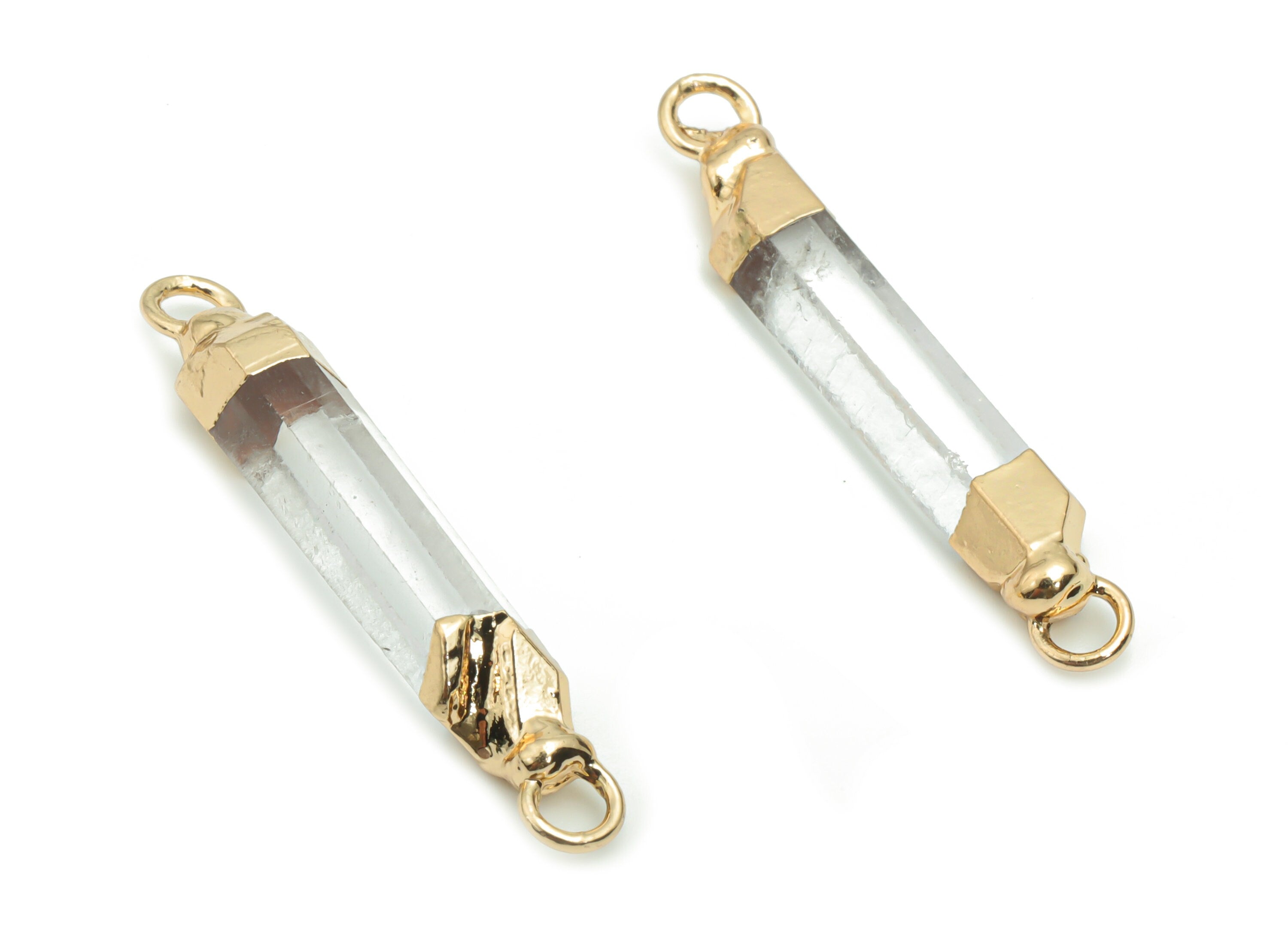 Clear Quartz Stick Earring Connector - Brass Stick Pendant - Iron Loop - Natural Stone - Gold Tone Plated Brass – 32.71x5.33x4.2mm – NS1571 - DOMEDBAZAAR