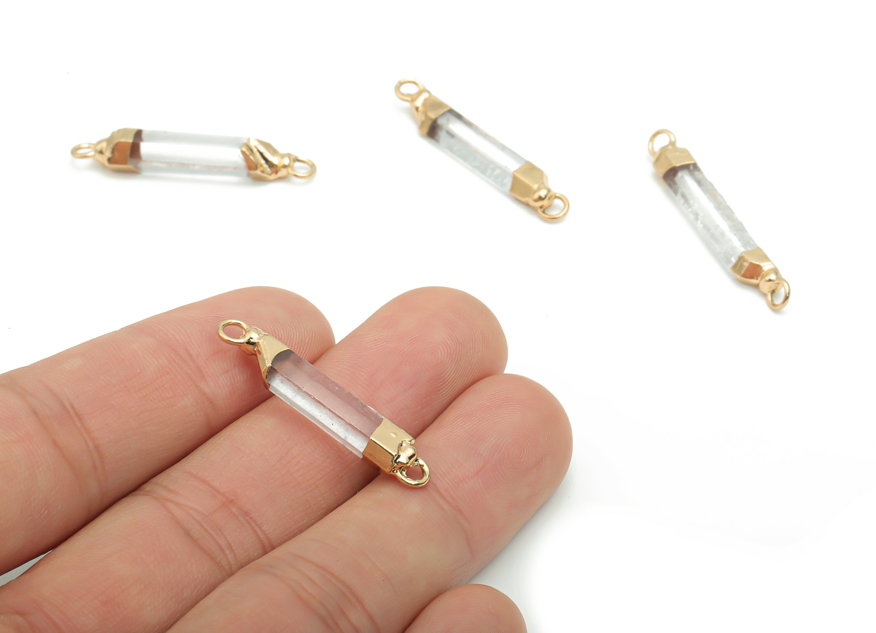 Clear Quartz Stick Earring Connector - Brass Stick Pendant - Iron Loop - Natural Stone - Gold Tone Plated Brass – 32.71x5.33x4.2mm – NS1571 - DOMEDBAZAAR