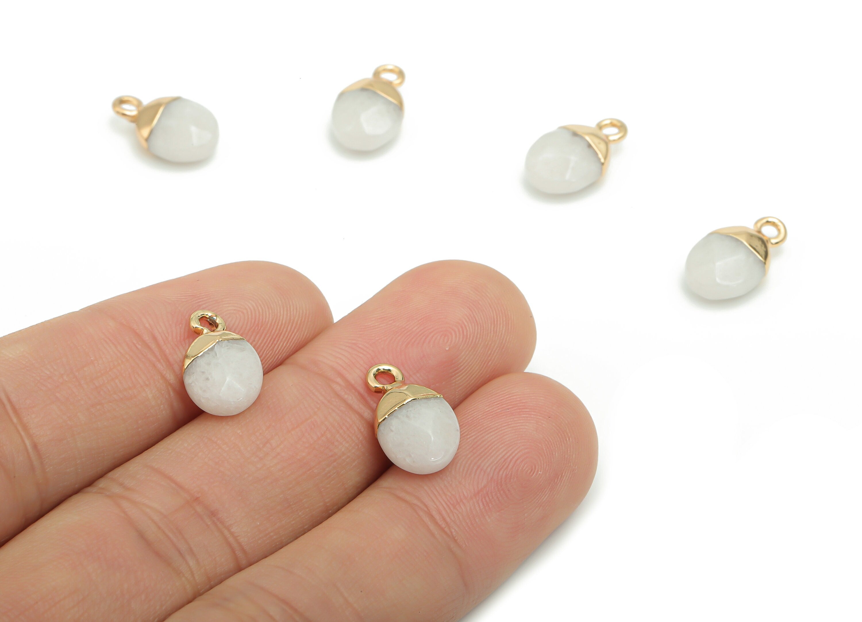 White Jade Mini Round Earring Charms - Brass Circle Pendant - Iron Loop - Natural Stone - Gold Tone Plated Brass – 13.52x8.1x5.3mm – NS1577E - DOMEDBAZAAR