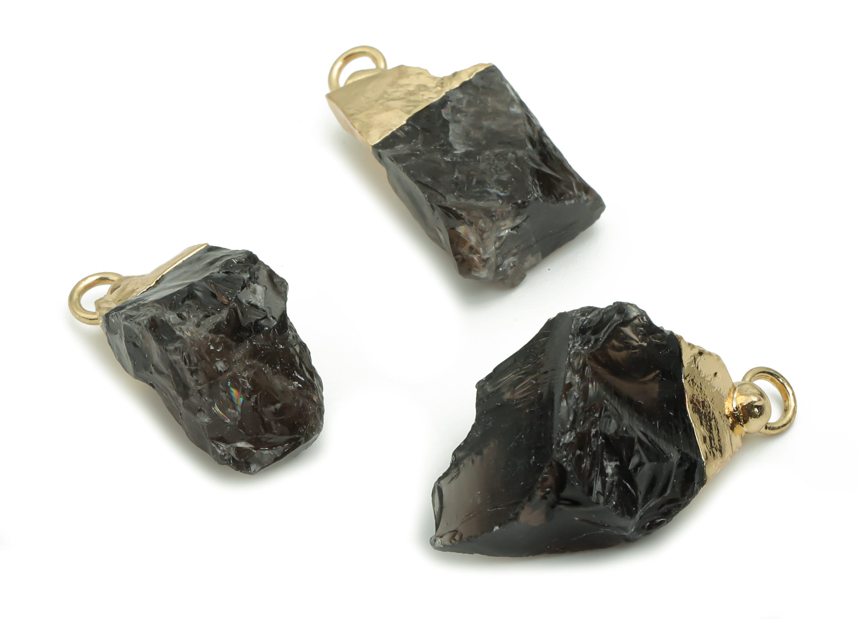 Black Obsidian Earring Charms - Brass Irregular Pendant - Iron Loop - Natural Stone - Gold Tone Plated Brass – 15.9x11.84x11.47mm – NS1587 - DOMEDBAZAAR