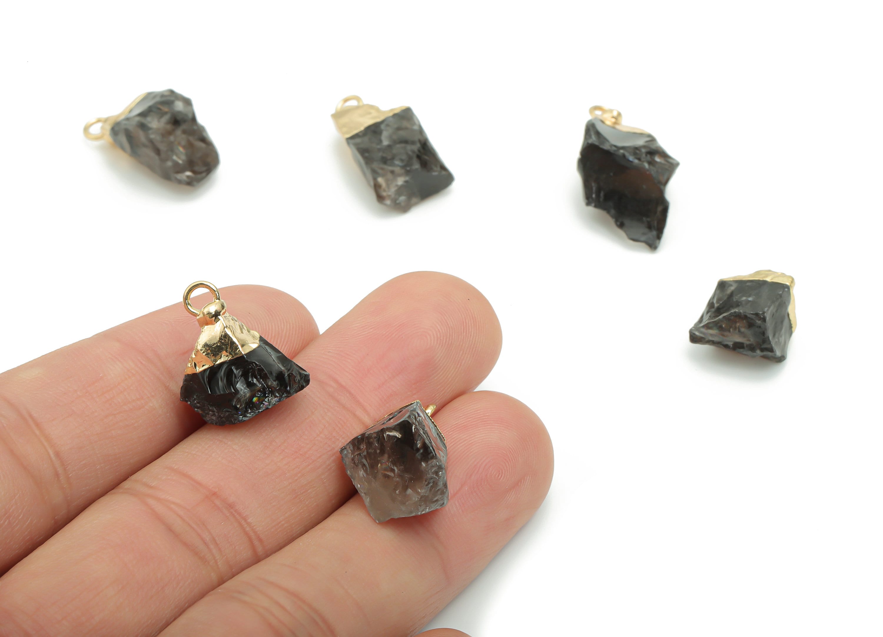 Black Obsidian Earring Charms - Brass Irregular Pendant - Iron Loop - Natural Stone - Gold Tone Plated Brass – 15.9x11.84x11.47mm – NS1587 - DOMEDBAZAAR
