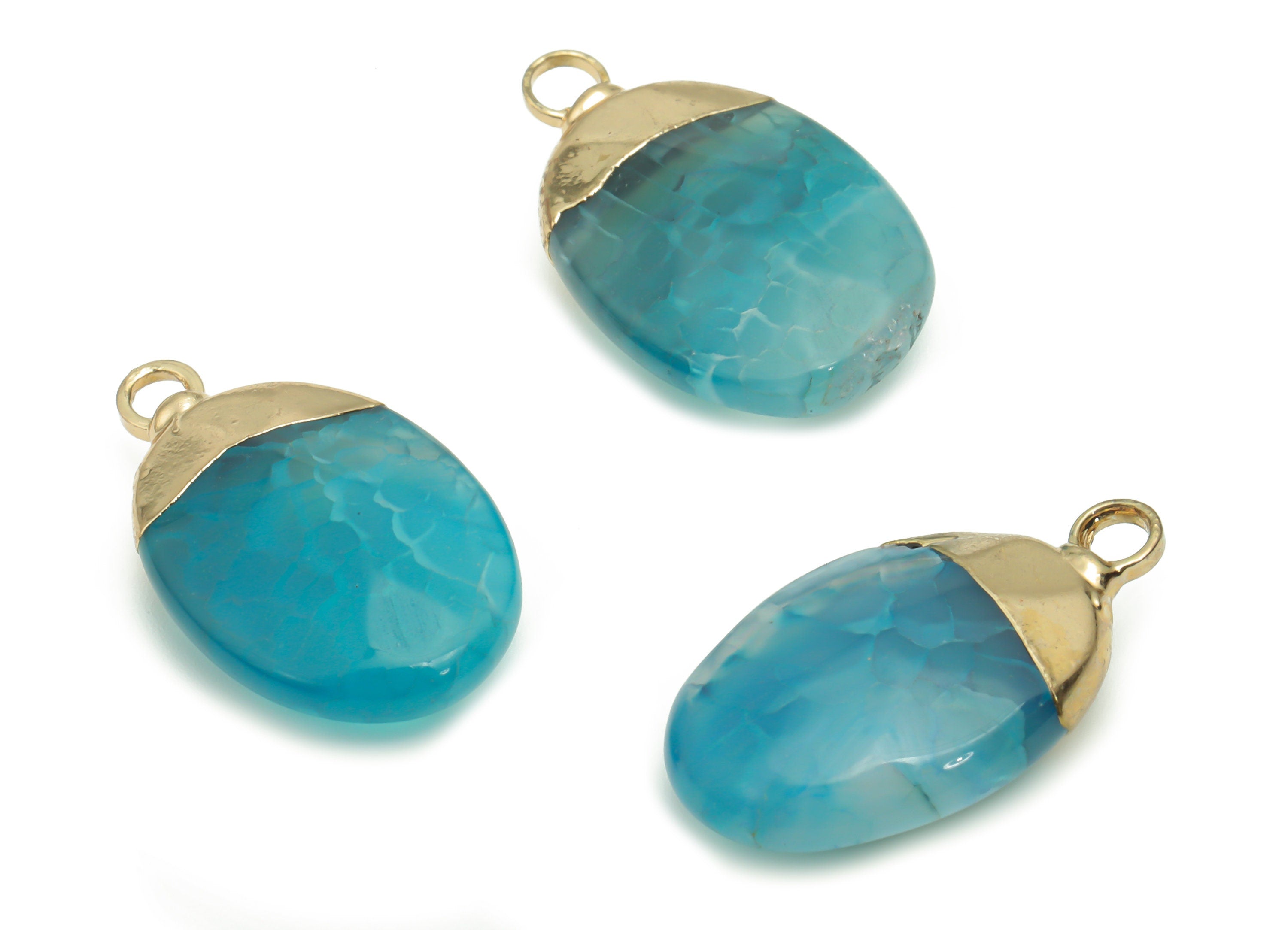 Blue Agate Stone Oval Earring Charms - Brass Oval Pendant - Iron Loop - Natural Stone - Gold Tone Plated Brass – 21.87x12.93x5.2mm – NS1563C - DOMEDBAZAAR