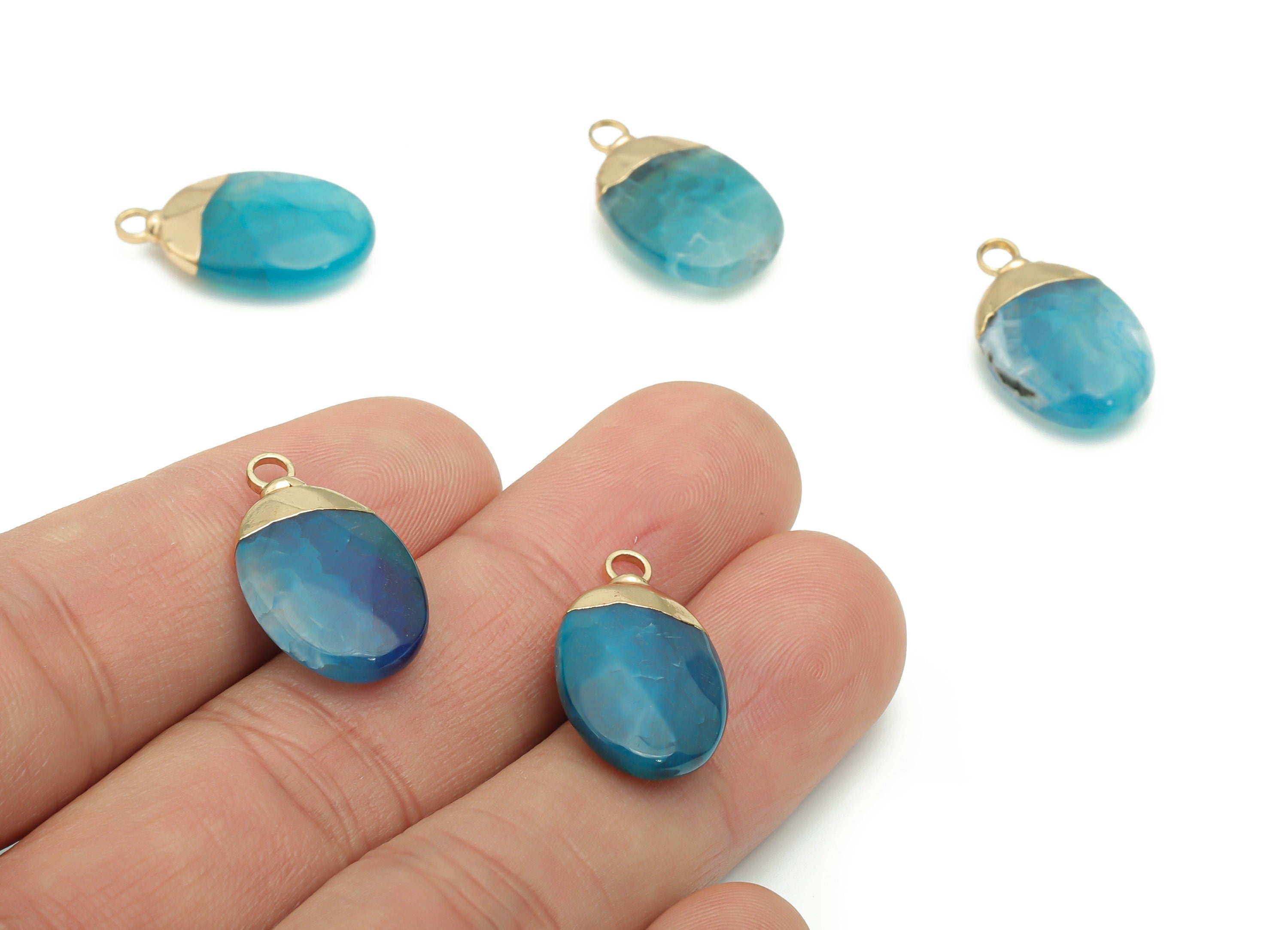Blue Agate Stone Oval Earring Charms - Brass Oval Pendant - Iron Loop - Natural Stone - Gold Tone Plated Brass – 21.87x12.93x5.2mm – NS1563C - DOMEDBAZAAR