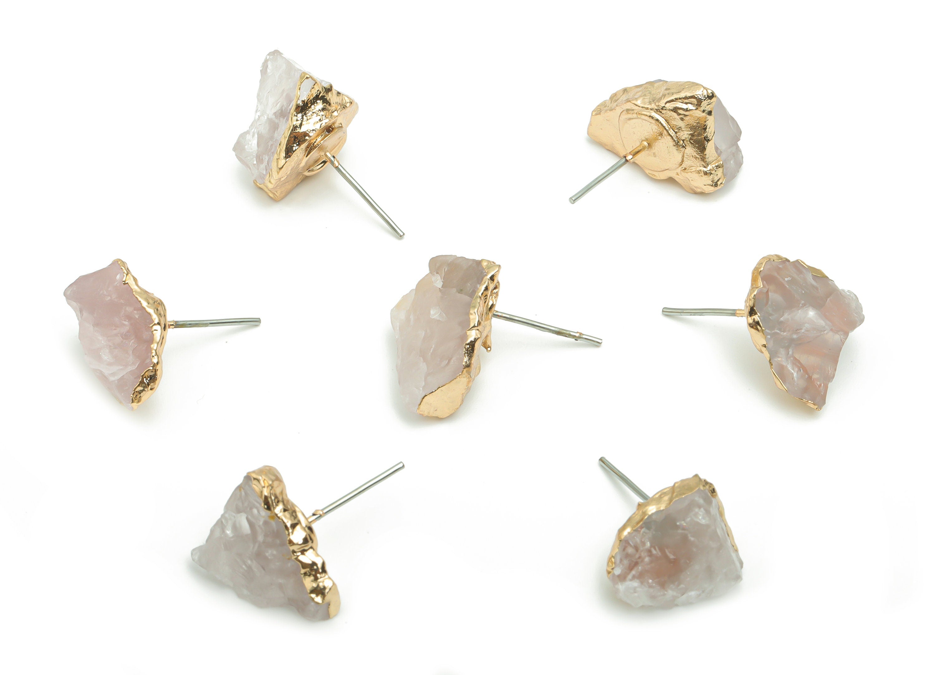 Rose Crystal Quartz Stud - Brass Stone Earring Post - Natural Stone - Gold Tone Plated Brass – Stainless Steel Stud - 14.18x9.8x8mm – NS1592 - DOMEDBAZAAR