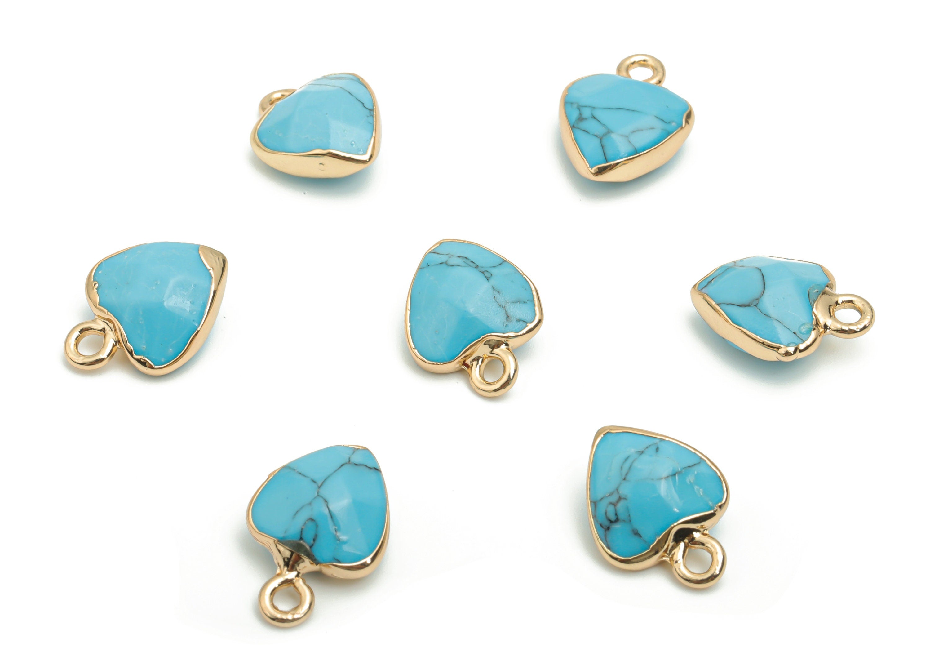 Blue Turquoise Heart Earring Charms - Brass Heart Pendant - Iron Loop - Natural Stone - Gold Tone Plated Brass – 13.99x10.42x5.1mm – NS1568A - DOMEDBAZAAR