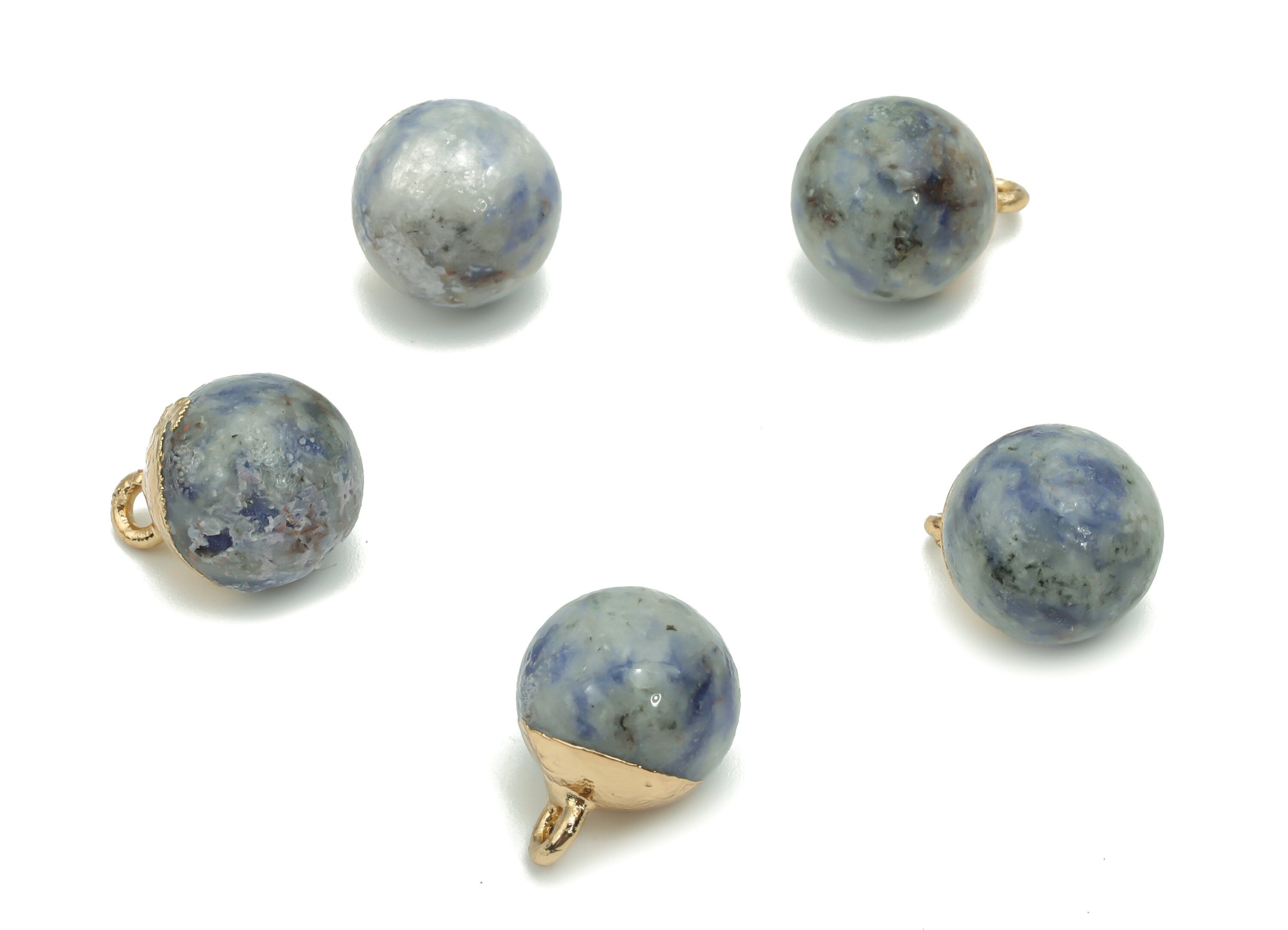 Blue Spot Jasper Ball Beads Charms - Brass Ball Beads Pendant - Iron Loop - Natural Stone - Gold Tone Plated Brass – 14.58x11x11mm – NS1578A - DOMEDBAZAAR