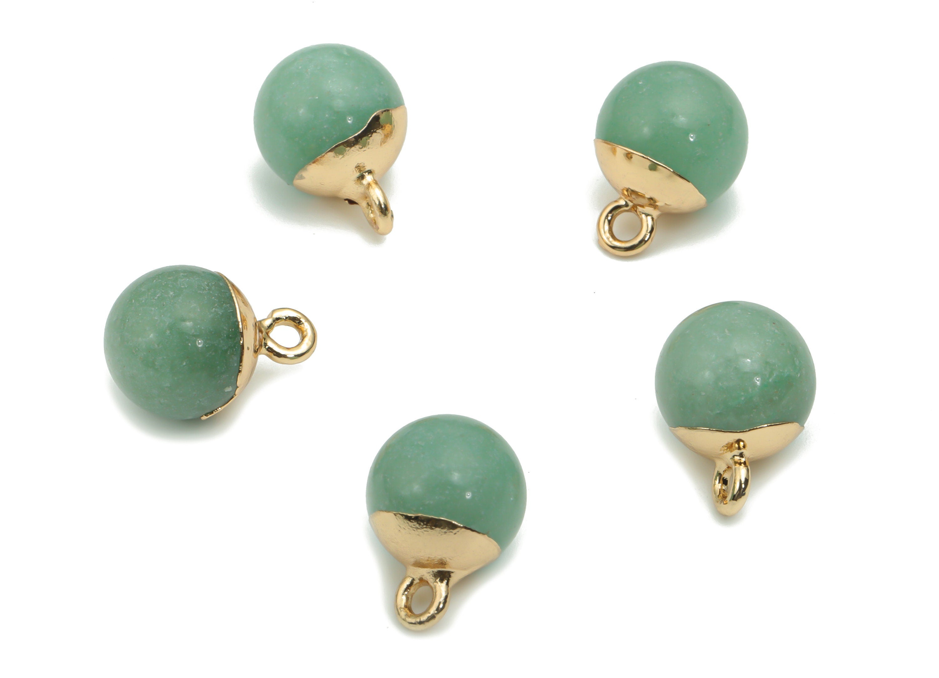 Aventurine Ball Beads Charms - Brass Ball Beads Pendant - Iron Loop - Natural Stone - Gold Tone Plated Brass – 14.58x10.8x10.8mm – NS1578G - DOMEDBAZAAR