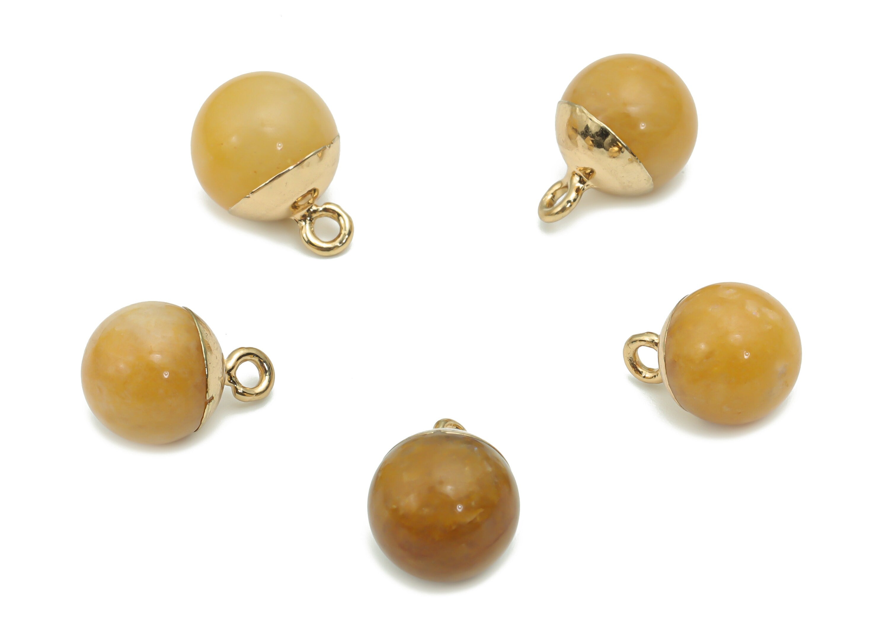 Yellow Dyed Adventurine Ball Beads Charms - Brass Beads Pendant - Iron Loop - Natural Stone - Gold Tone Plated – 14.58x10.8x10.8mm – NS1578F - DOMEDBAZAAR