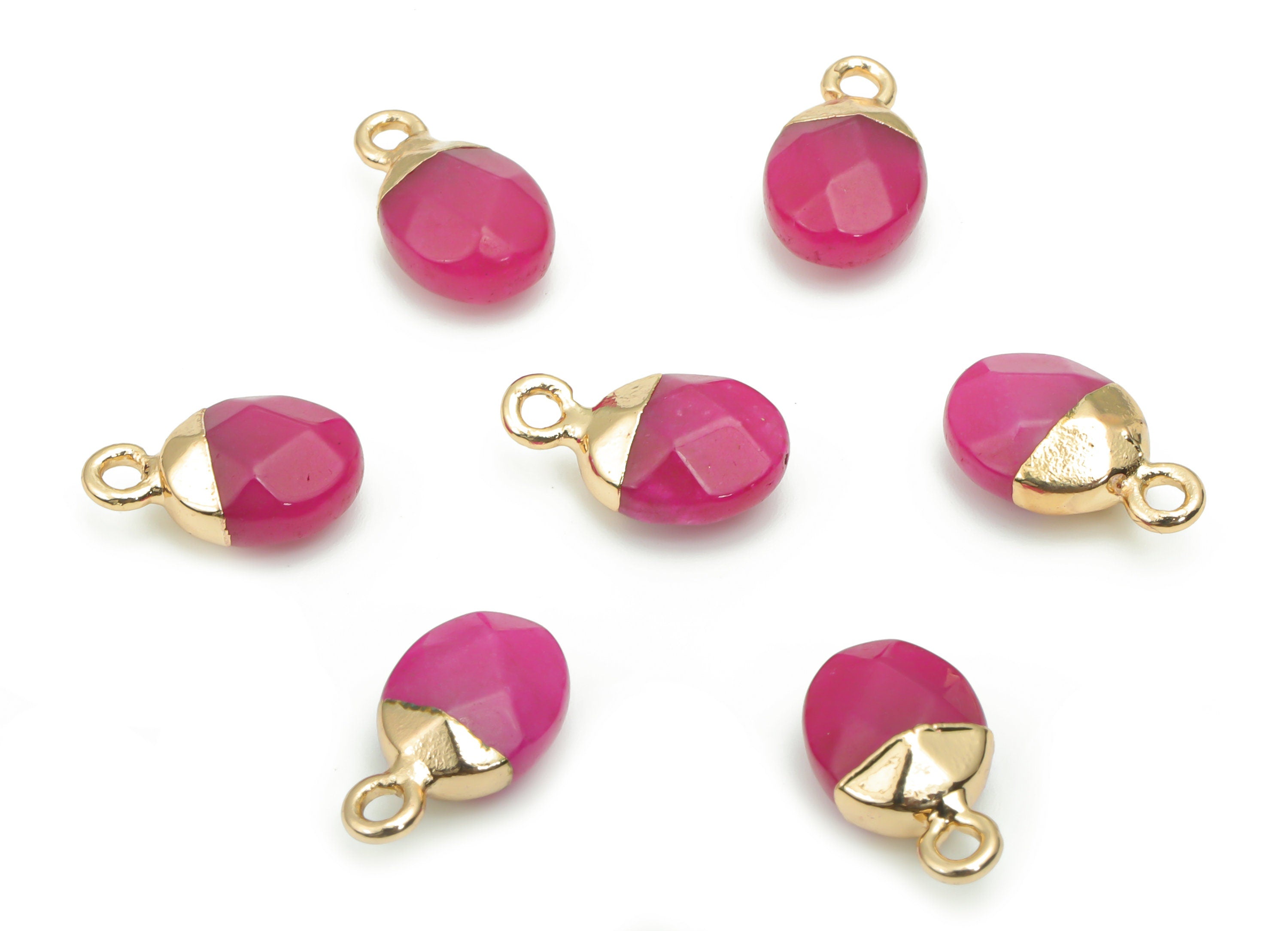 Pink Jade Mini Round Charms - Brass Circle Pendant - Iron Loop - Natural Stone - Gold Tone Plated Brass – 13.52x8.07x5.3mm – NS1577H - DOMEDBAZAAR